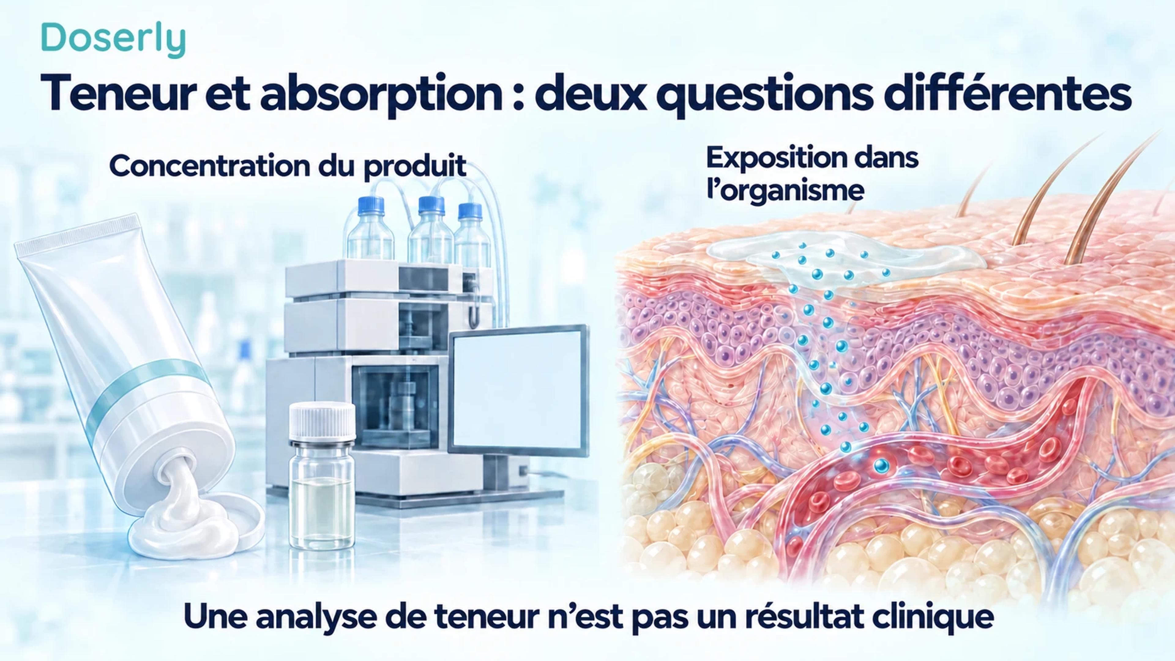 Un distributeur de crème et une analyse de laboratoire illustrés côtoient une coupe détaillée de la peau et des capillaires, distinguant la concentration du produit de l’exposition dans l’organisme.