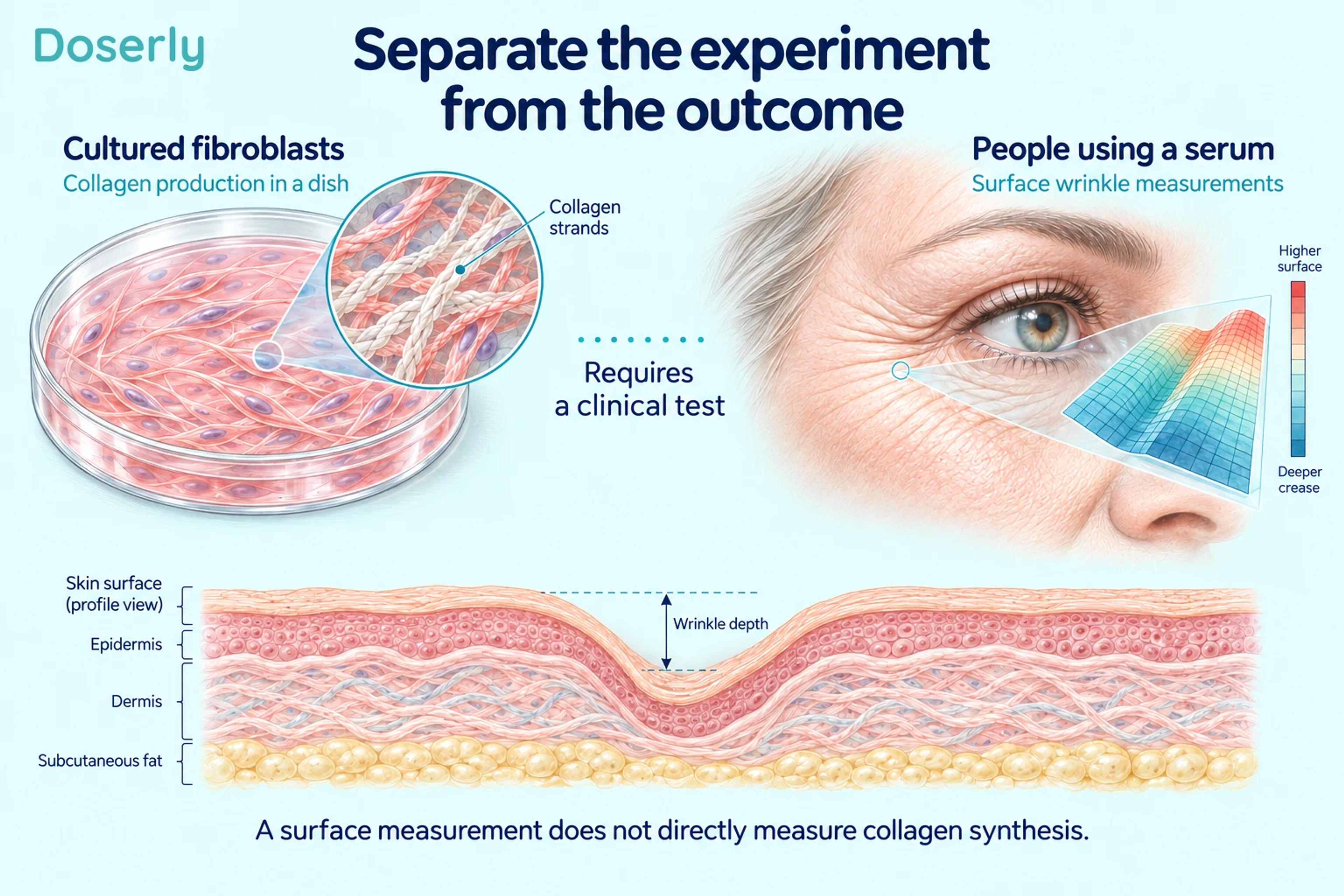 Cultured fibroblasts and collagen strands shown separately from optical measurement of a facial wrinkle