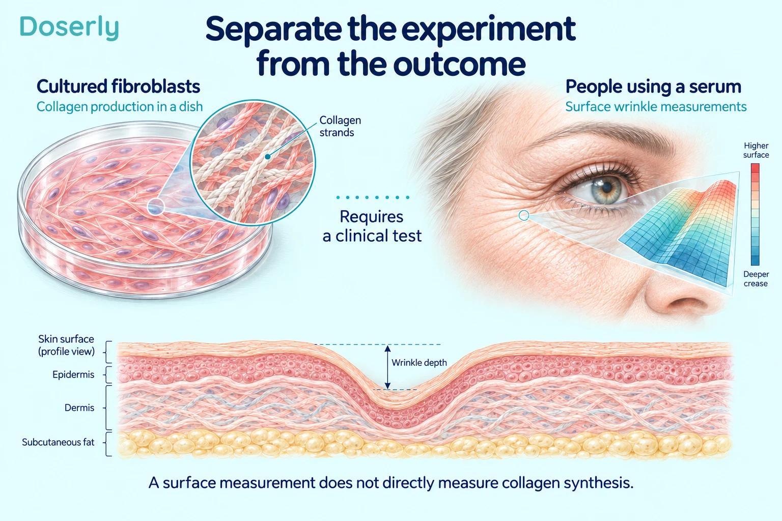 Cultured fibroblasts and collagen strands shown separately from optical measurement of a facial wrinkle
