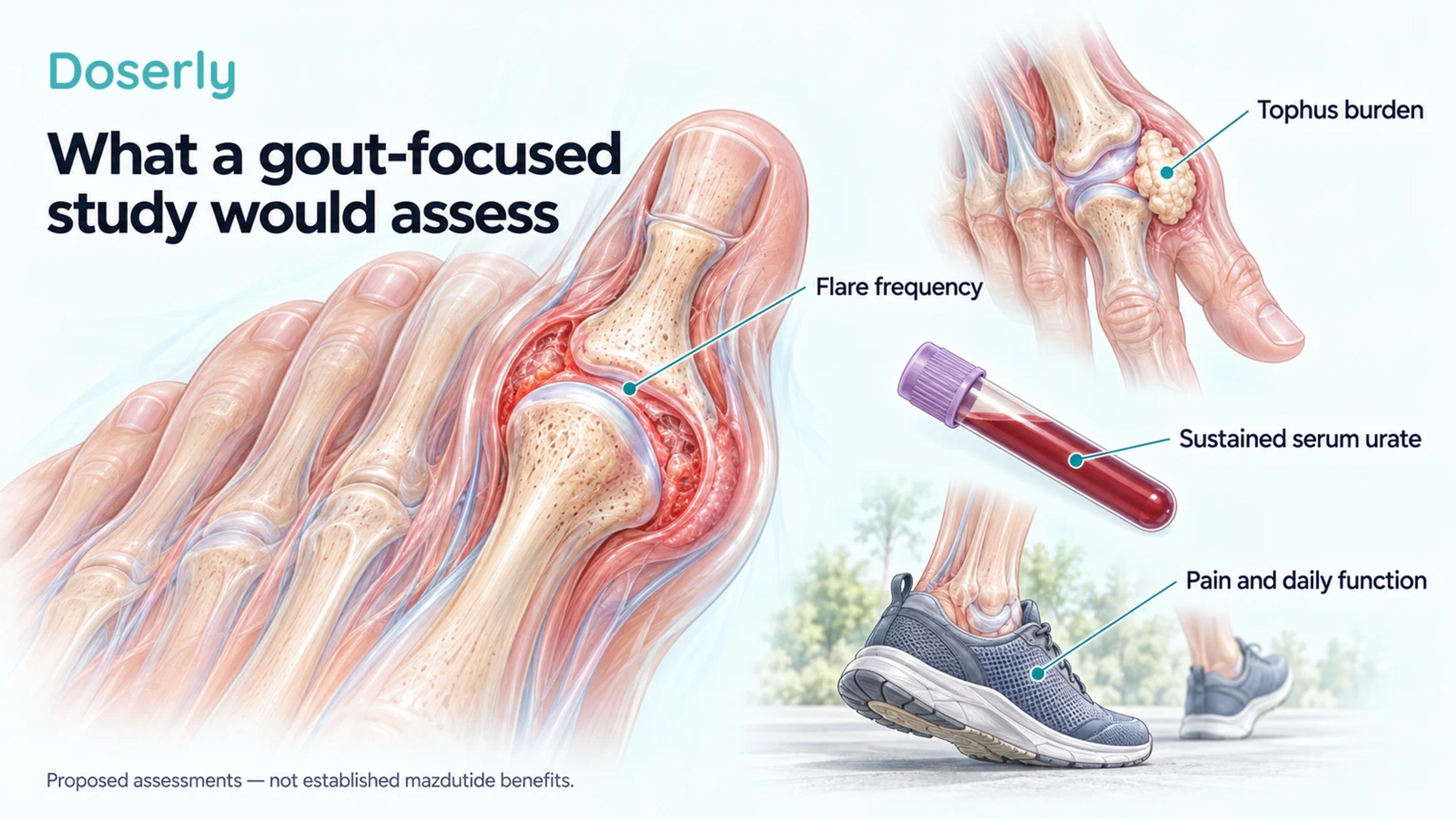Medical-atlas illustrations of an inflamed toe joint, a finger tophus, a blood sample and walking feet identify outcomes a gout-focused study could assess.