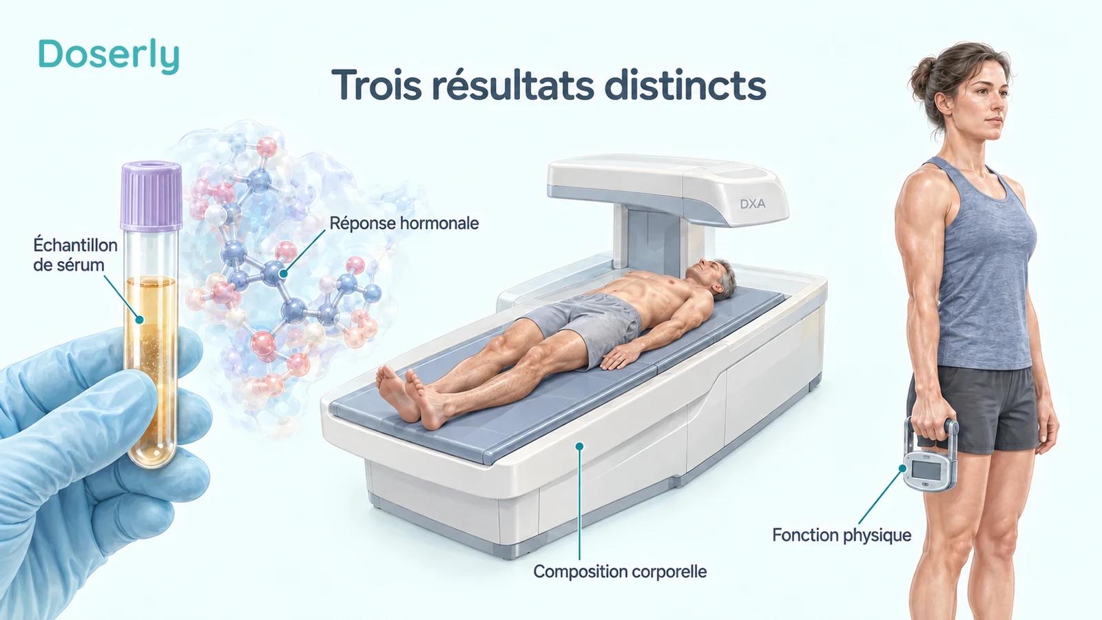Un échantillon sanguin, un appareil de DXA et un test de force illustrent trois résultats distincts : la réponse hormonale, la composition corporelle et la fonction.