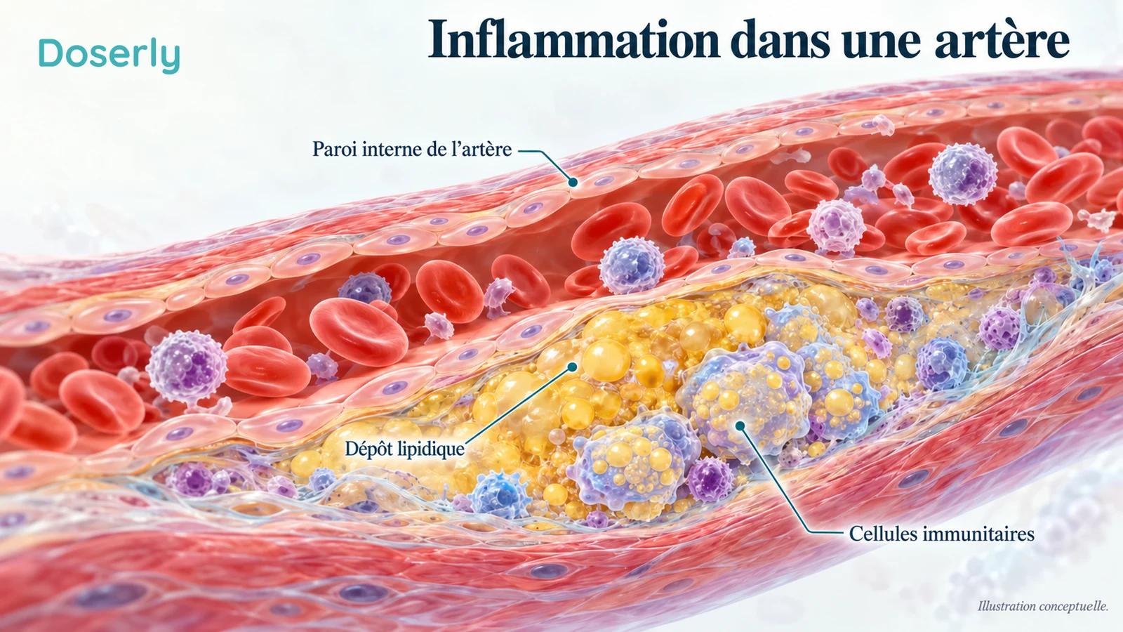 Des cellules immunitaires et des dépôts lipidiques sous la paroi interne d’une artère illustrent l’inflammation dans l’athérosclérose.