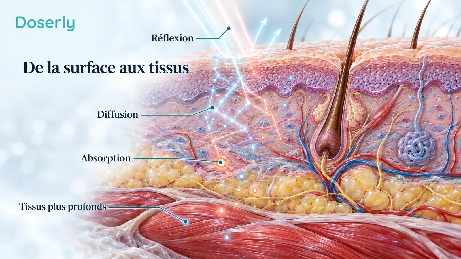 Une coupe de la peau et des tissus mous montre la lumière réfléchie, les trajets diffusés et l’absorption à différents endroits, sans profondeur de pénétration fixe.