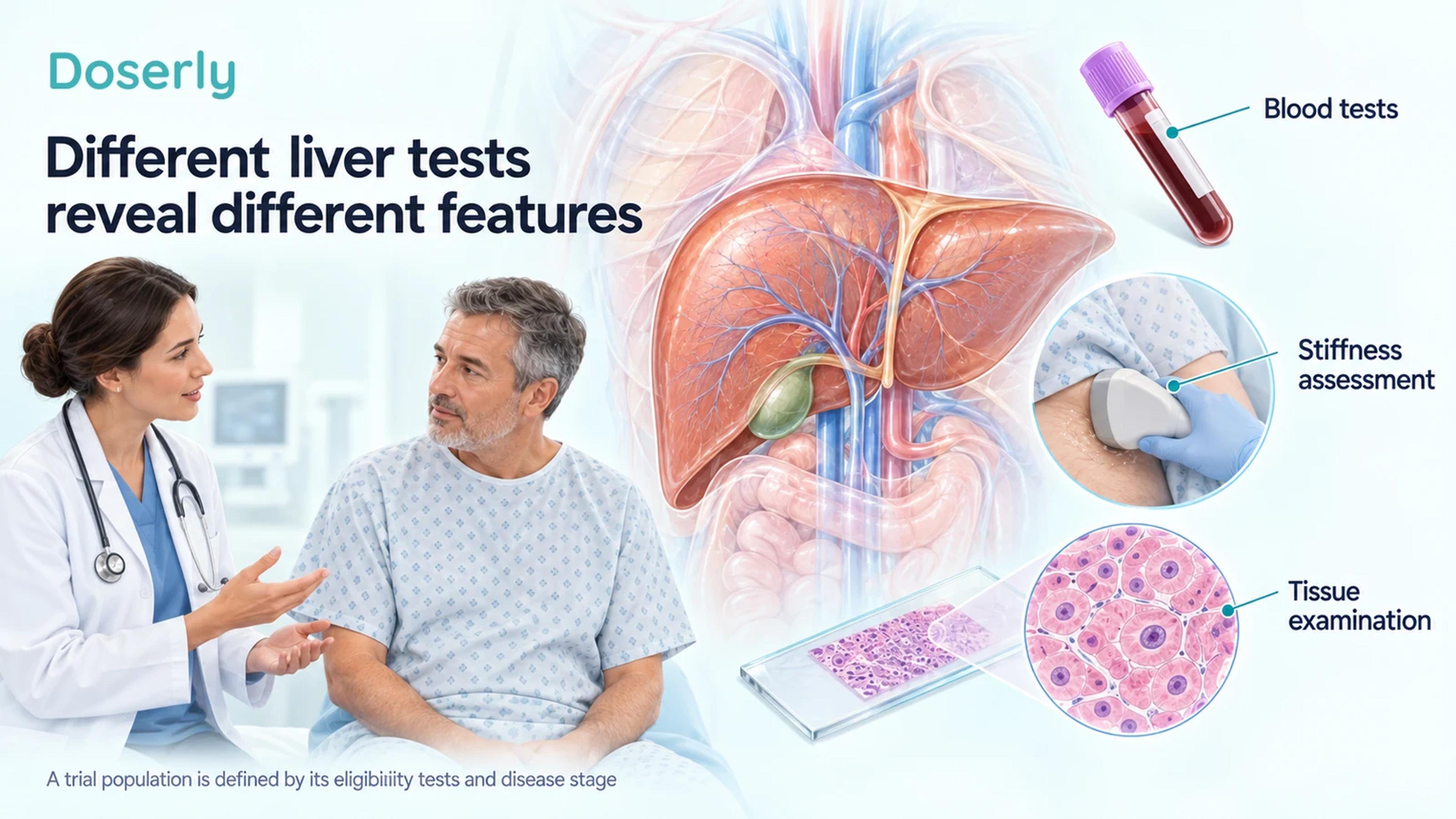 A clinician discussing blood testing, liver stiffness assessment and tissue examination beside detailed liver anatomy.