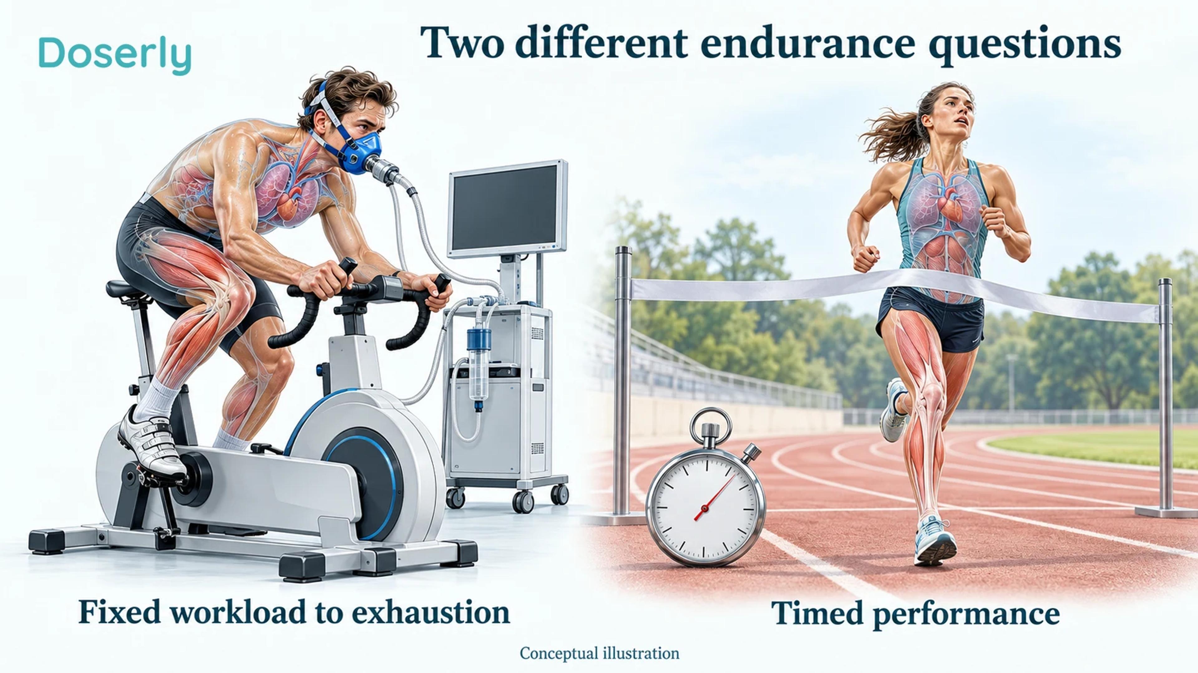 Conceptual cyclist at a laboratory ergometer beside a runner on an outdoor track, with separate unnumbered timing instruments.