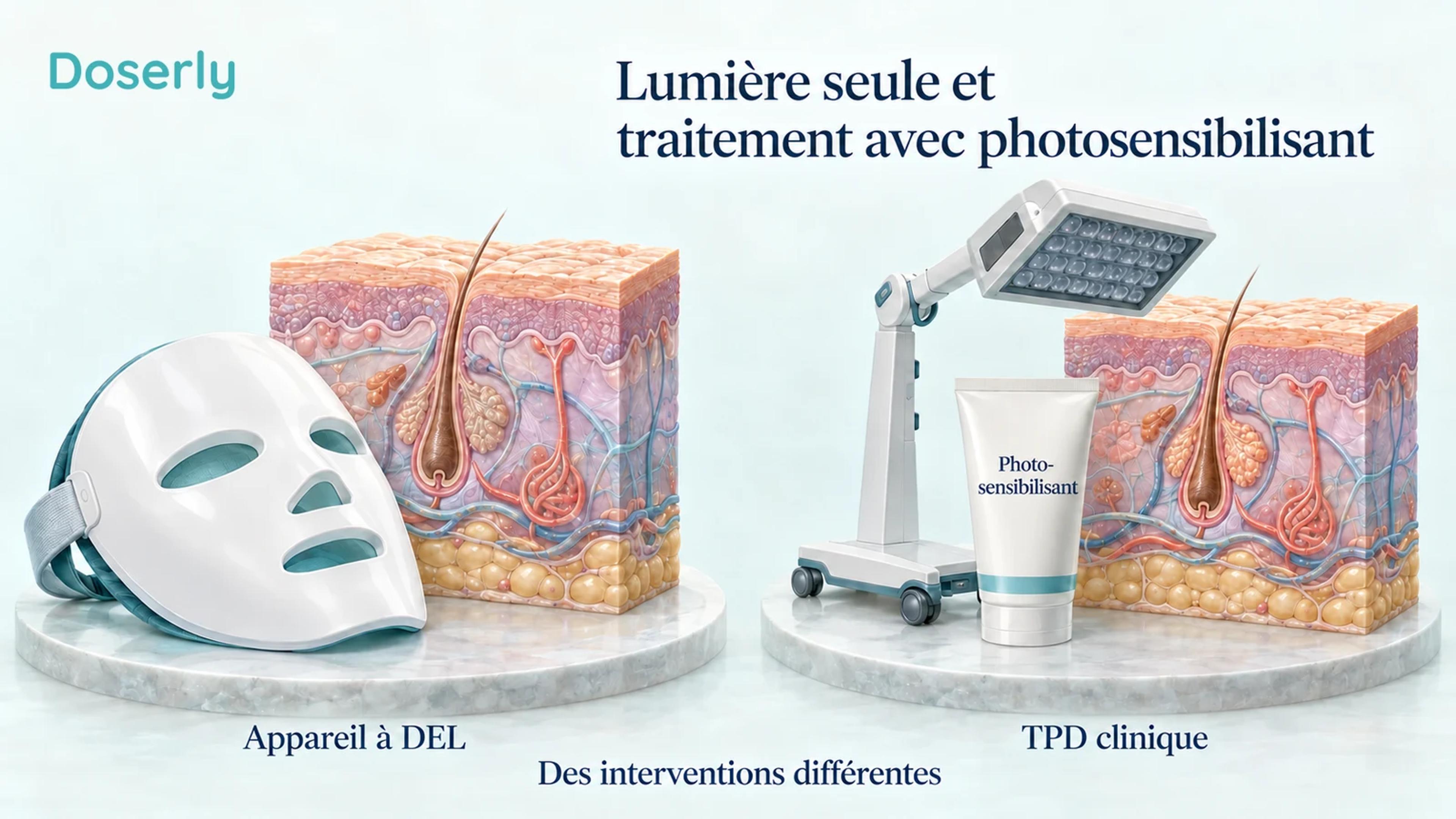 Un masque à DEL à domicile éteint et une lampe clinique à côté d’un tube de photosensibilisant illustrent deux catégories de traitement différentes.