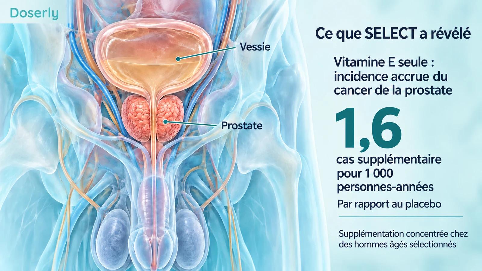 Anatomie de la vessie et de la prostate à côté de l’excès d’incidence de 1,6 cas pour 1 000 personnes-années avec la vitamine E seule dans SELECT.