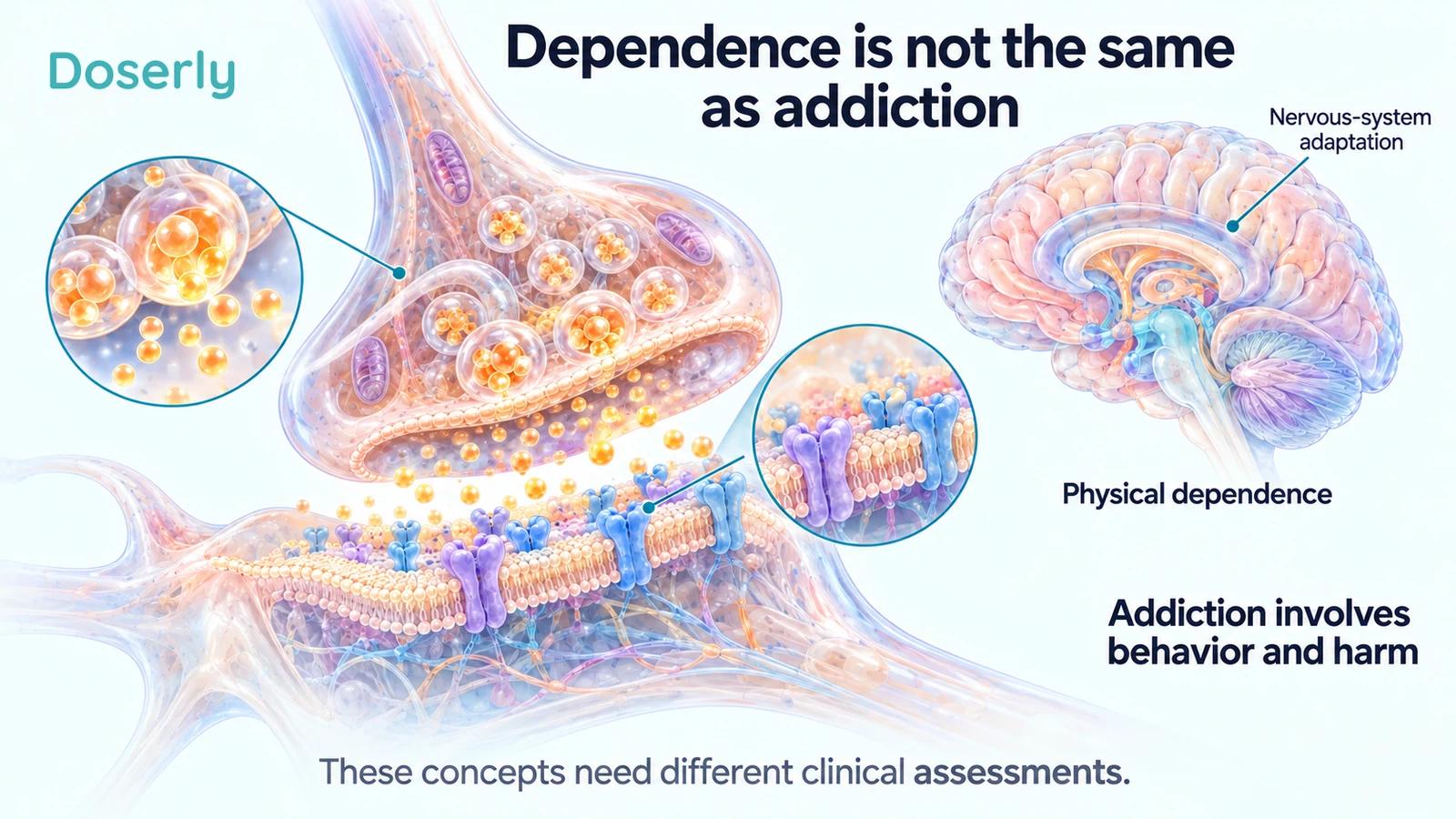 A conceptual nerve junction and brain illustrate nervous-system adaptation alongside distinct dependence and addiction concepts.