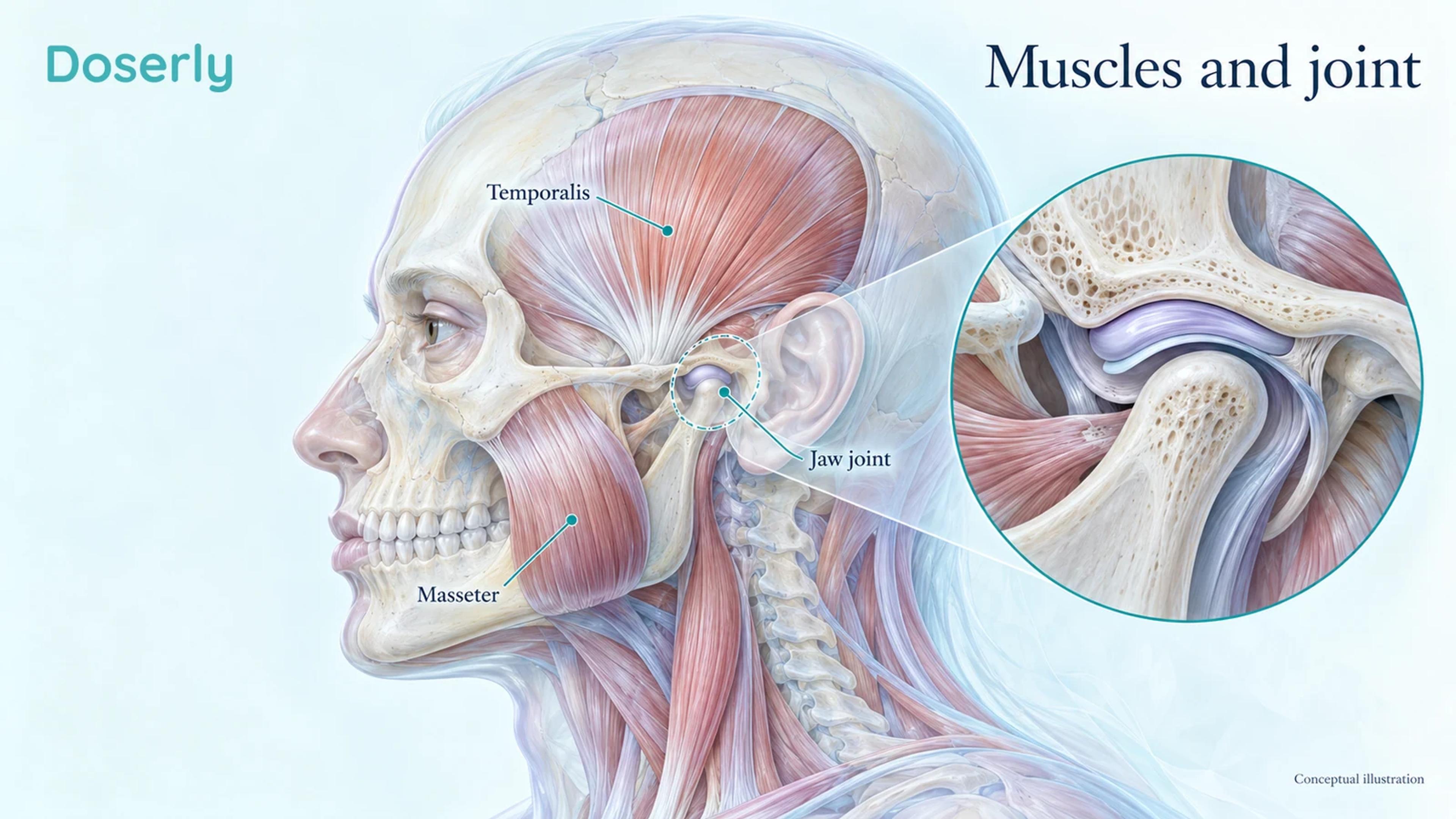 A lateral anatomical view shows the jaw joint near the ear and the masseter and temporalis muscles, with an enlarged joint inset.