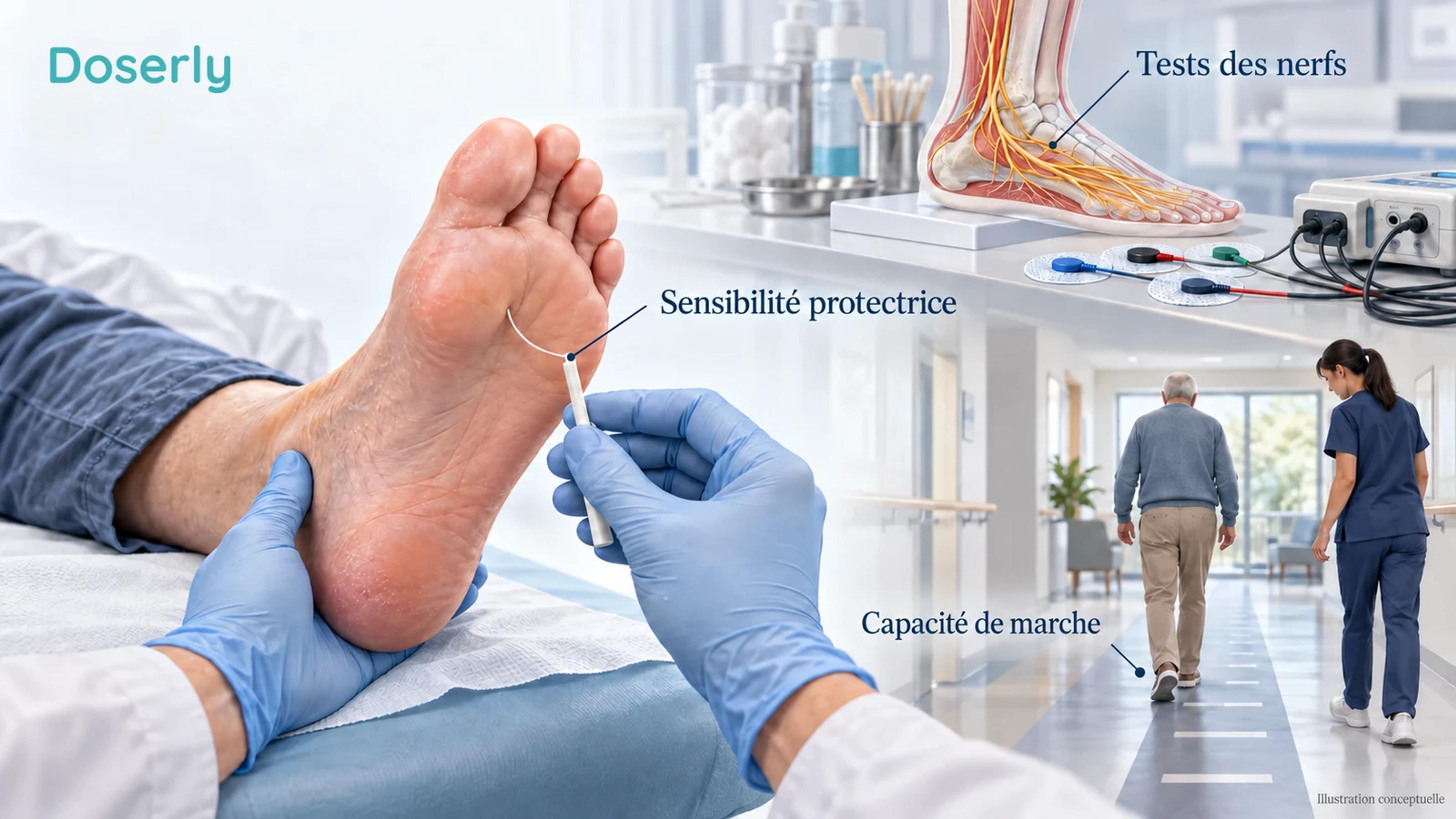 Un clinicien examine la sensibilité d’un pied avec un monofilament, tandis que des scènes pédagogiques distinctes montrent une évaluation de la marche et un test électrique des nerfs.