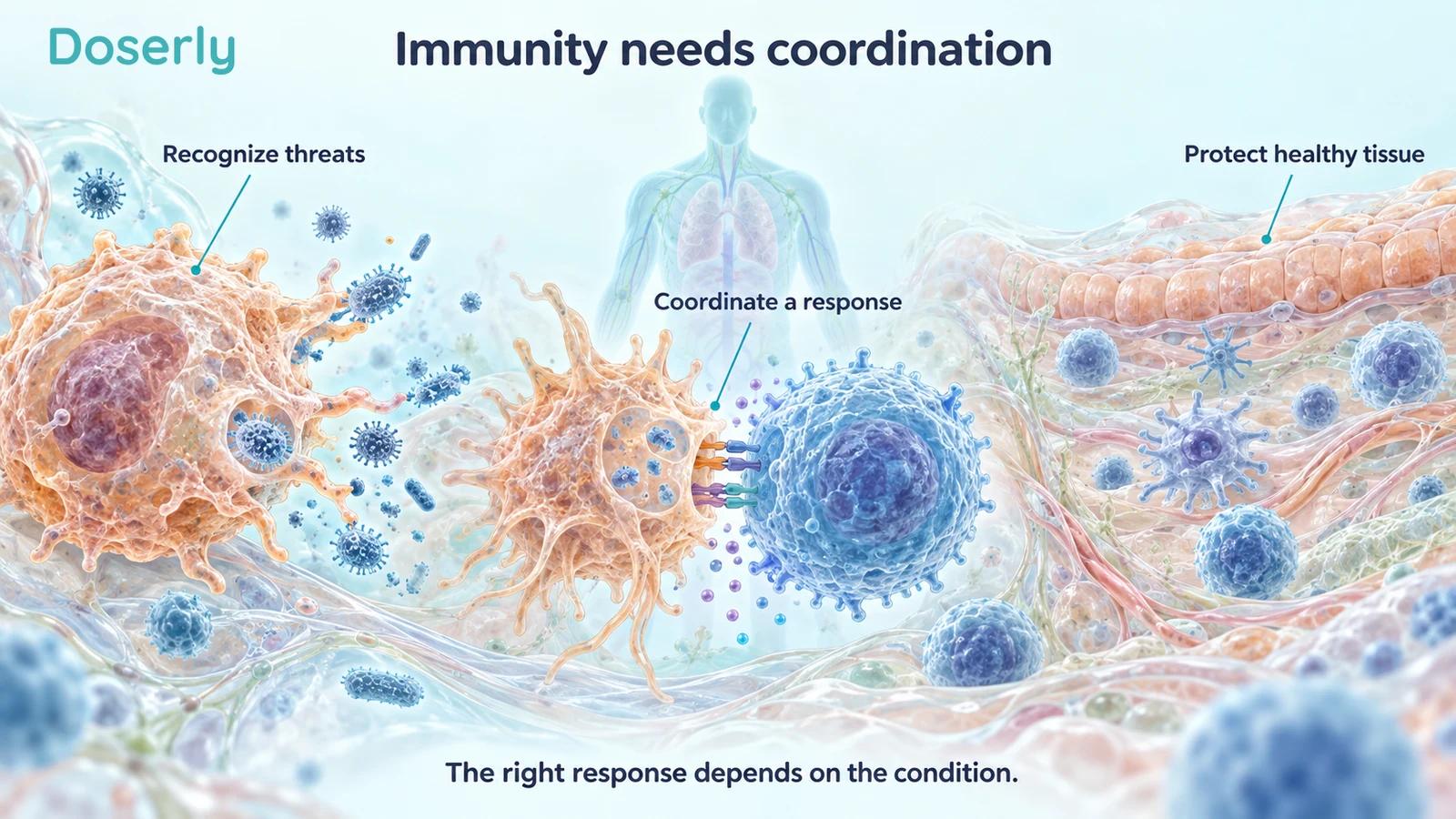 Conceptual immune cells recognizing microbes and communicating beside healthy tissue, illustrating that protective immunity requires coordinated responses
