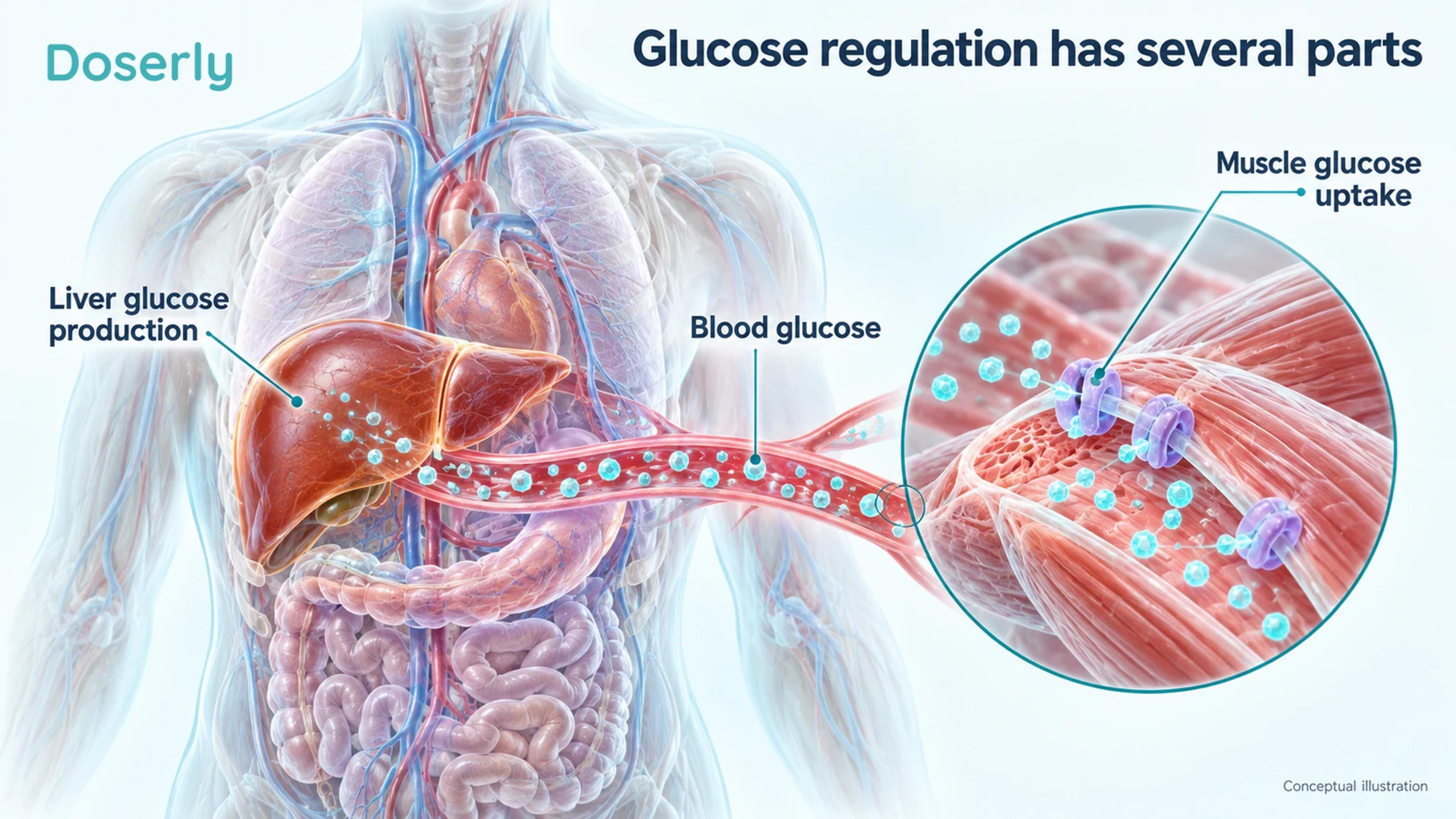 Conceptual liver, circulating glucose and skeletal muscle illustrating different aspects of glucose regulation.