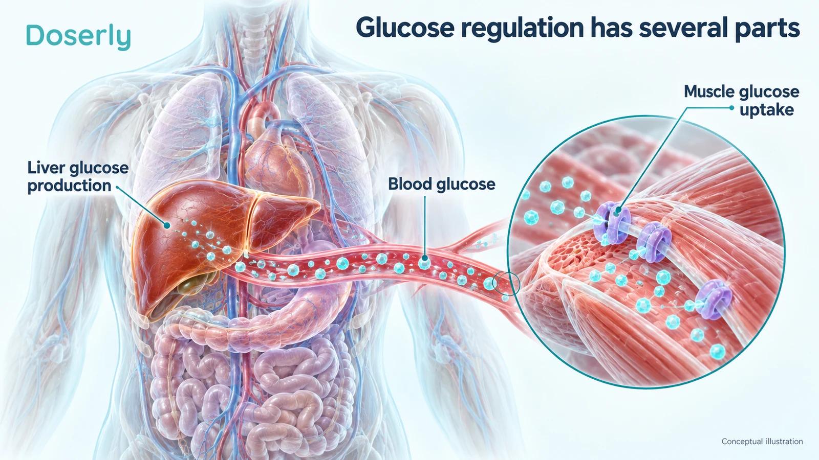 Conceptual liver, circulating glucose and skeletal muscle illustrating different aspects of glucose regulation.