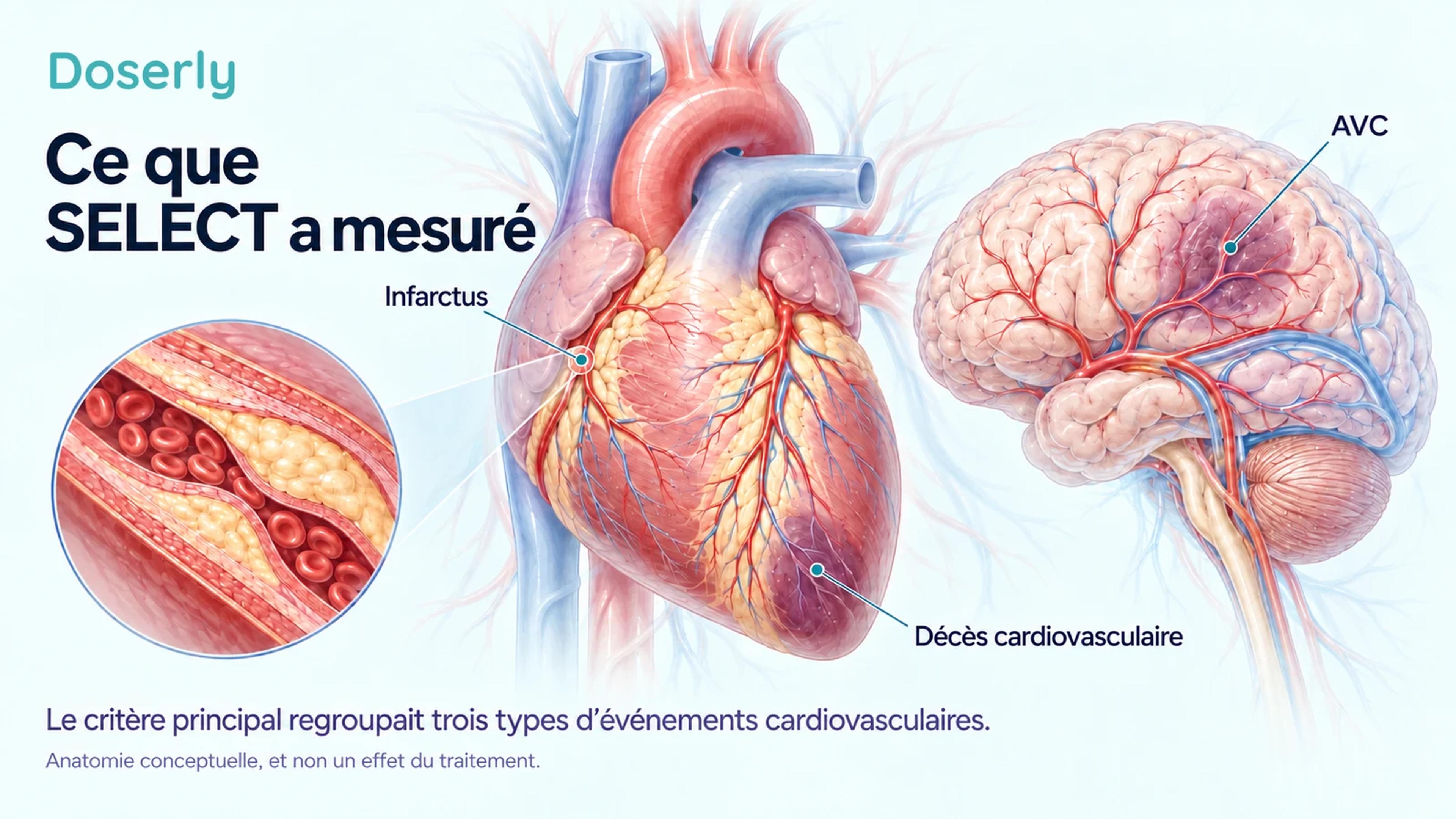 Illustration détaillée de la circulation du cœur et du cerveau, avec un agrandissement d’une artère contenant une plaque, représentant les événements cardiovasculaires comptés dans SELECT.