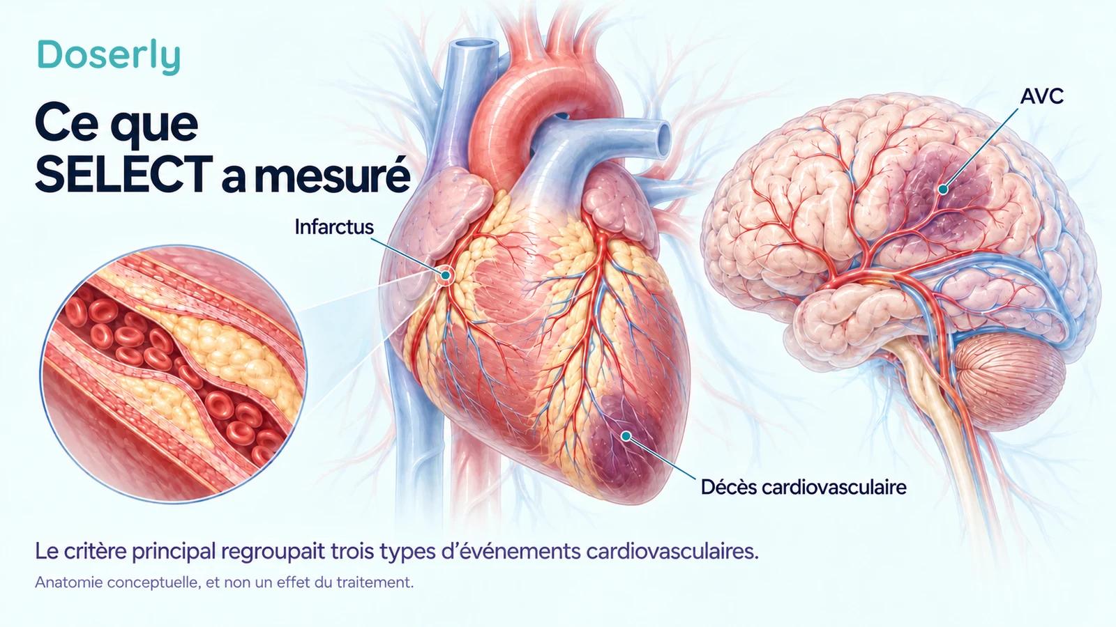 Illustration détaillée de la circulation du cœur et du cerveau, avec un agrandissement d’une artère contenant une plaque, représentant les événements cardiovasculaires comptés dans SELECT.