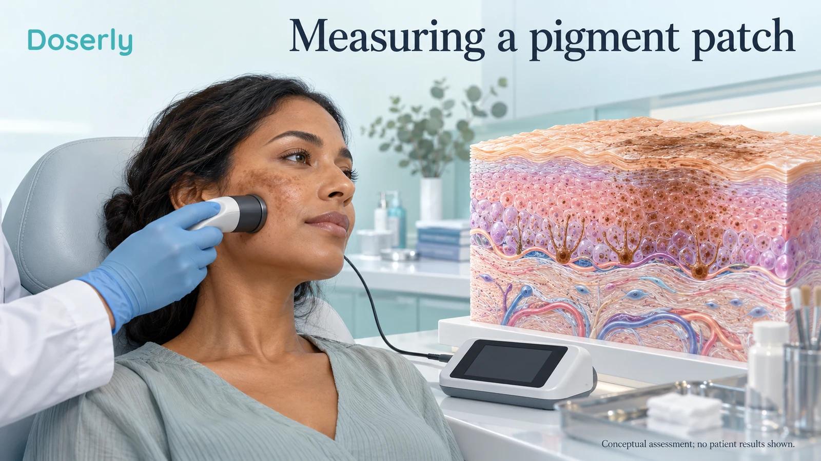 A clinician measures a woman's cheek pigment with a handheld probe beside a detailed epidermal model.