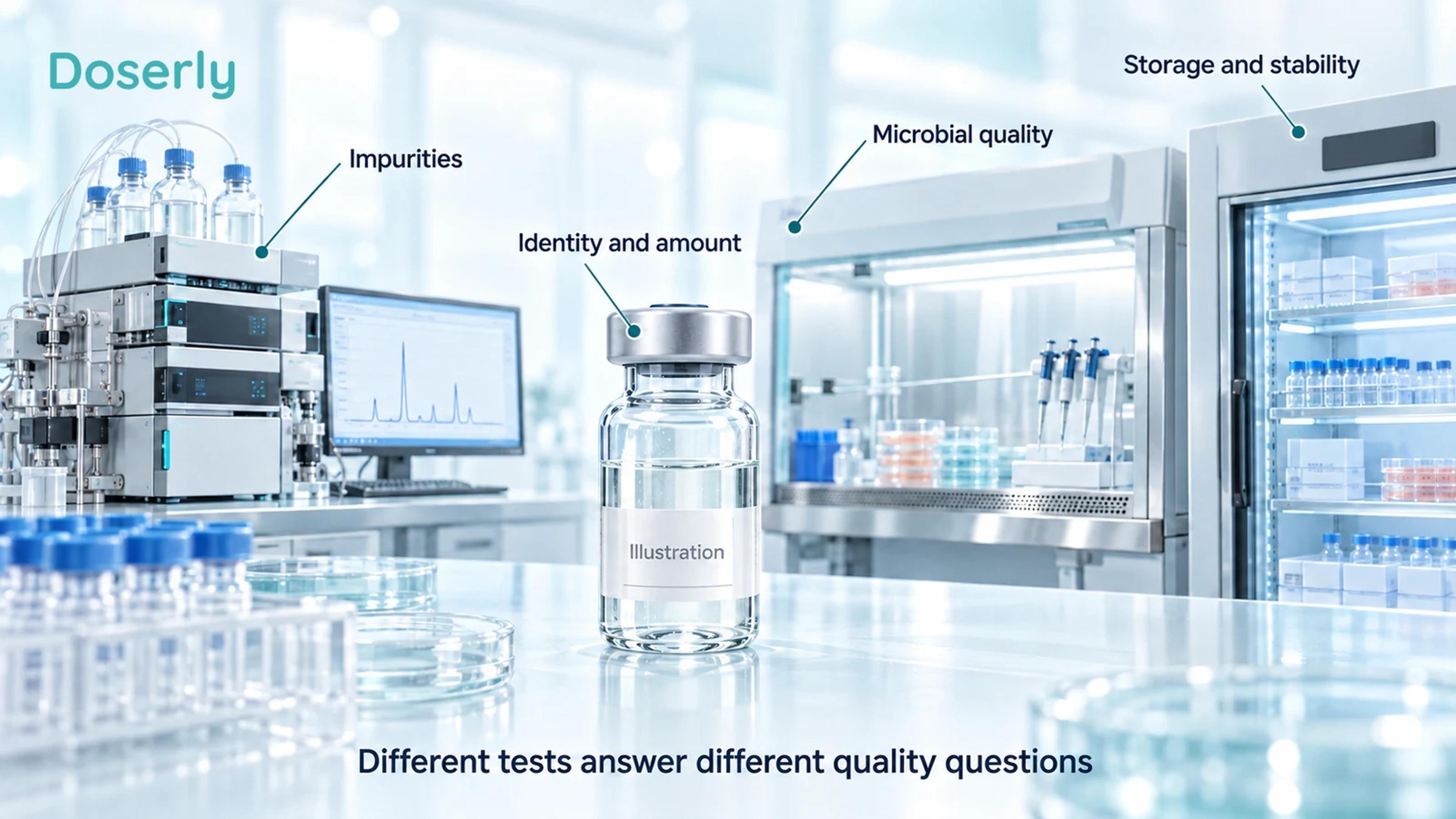 A conceptual pharmaceutical laboratory shows a sealed illustrative vial, analytical equipment, a microbiology workspace and controlled storage.