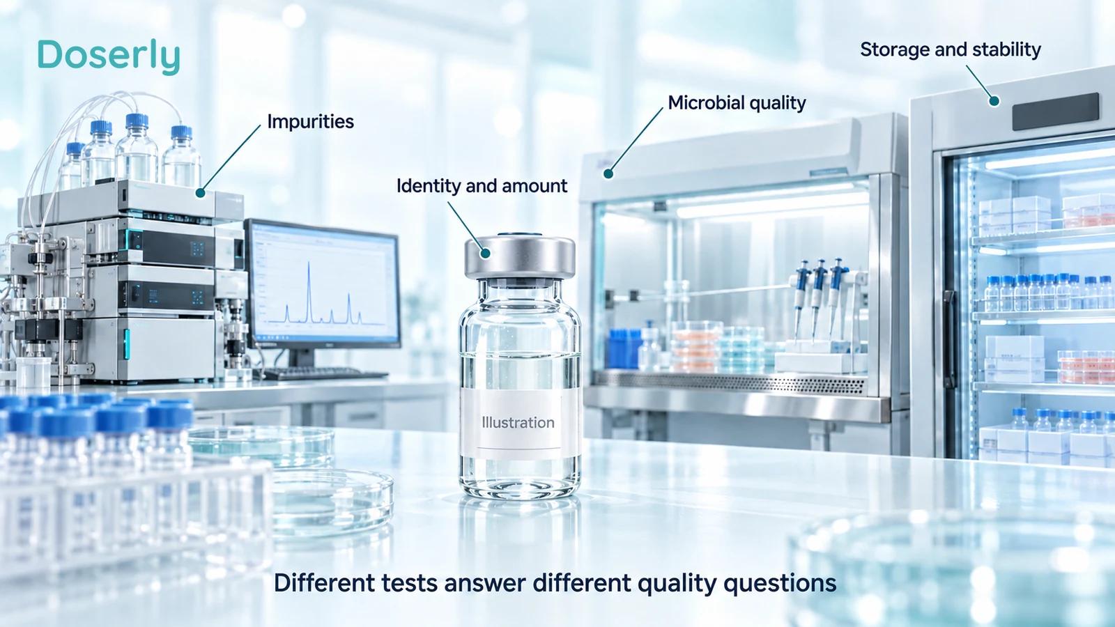 A conceptual pharmaceutical laboratory shows a sealed illustrative vial, analytical equipment, a microbiology workspace and controlled storage.