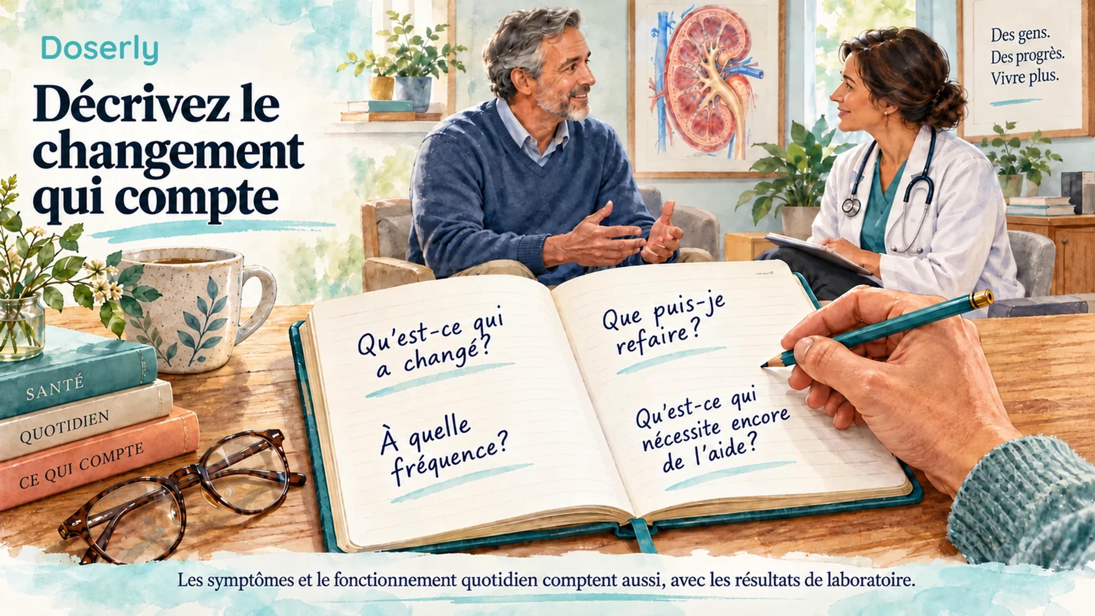 Un journal illustré demande ce qui a changé, à quelle fréquence, ce que la personne peut refaire et ce qui nécessite encore de l’aide, à côté d’une conversation avec un clinicien.