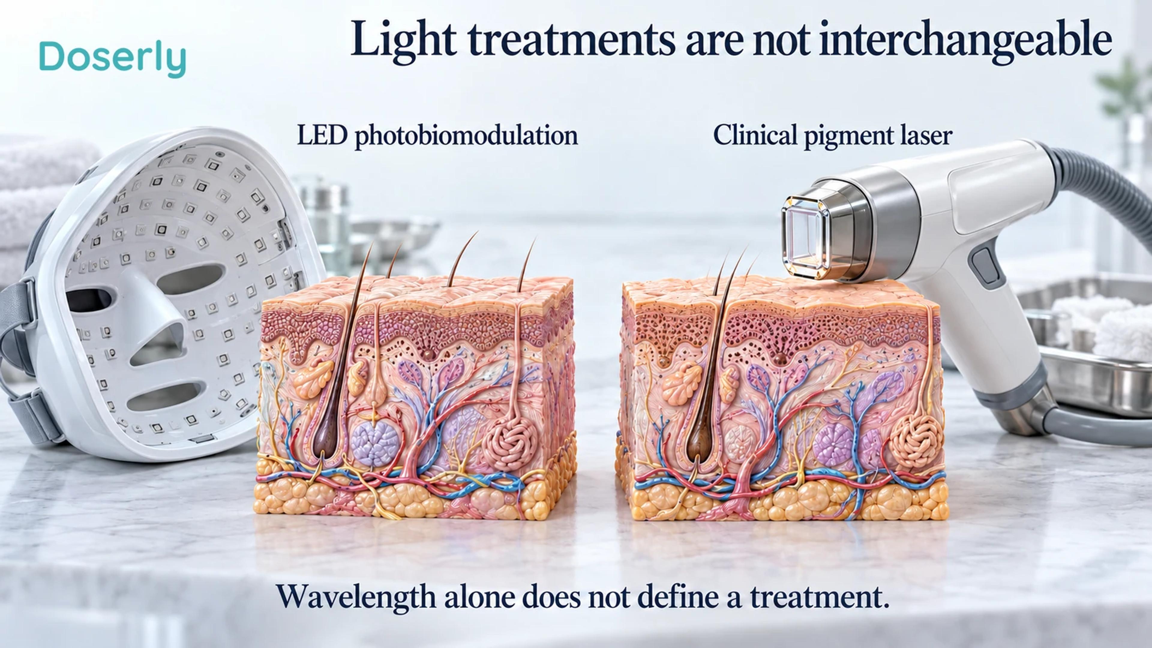 An unlit LED facial mask and a clinical laser handpiece sit beside detailed skin models.