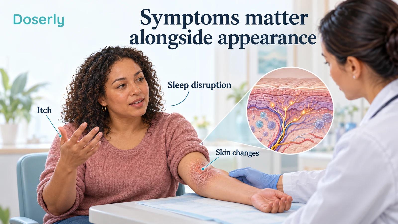 Medical editorial illustration of a clinician examining a patient's flexural forearm rash while discussing itch and sleep.