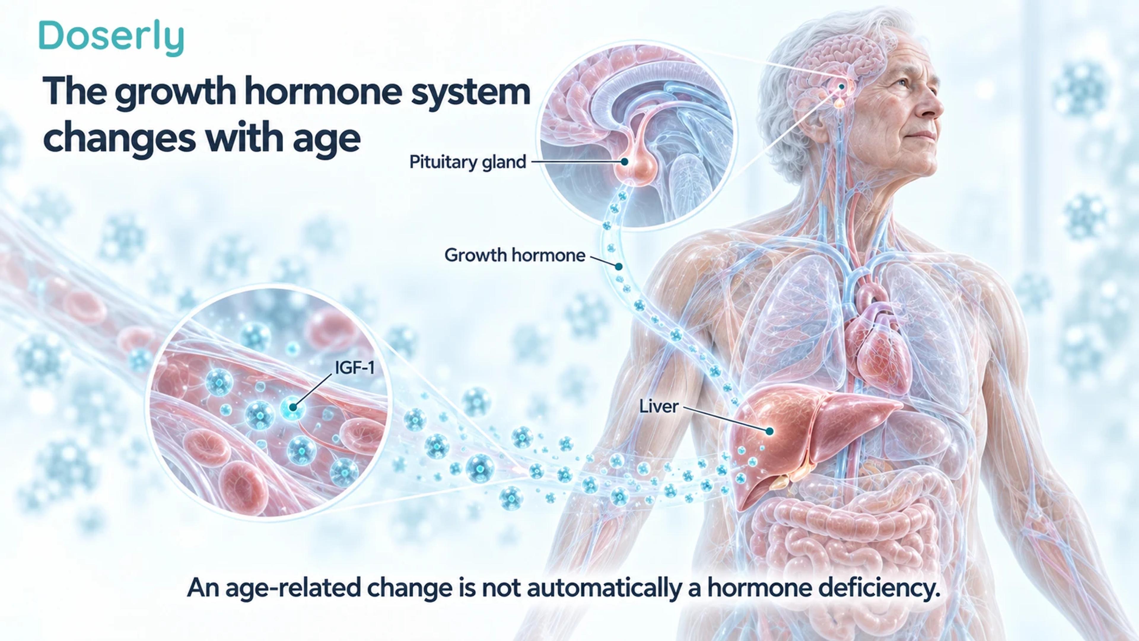 Older adult with pituitary and liver insets showing the relationship between growth hormone and circulating IGF-1.