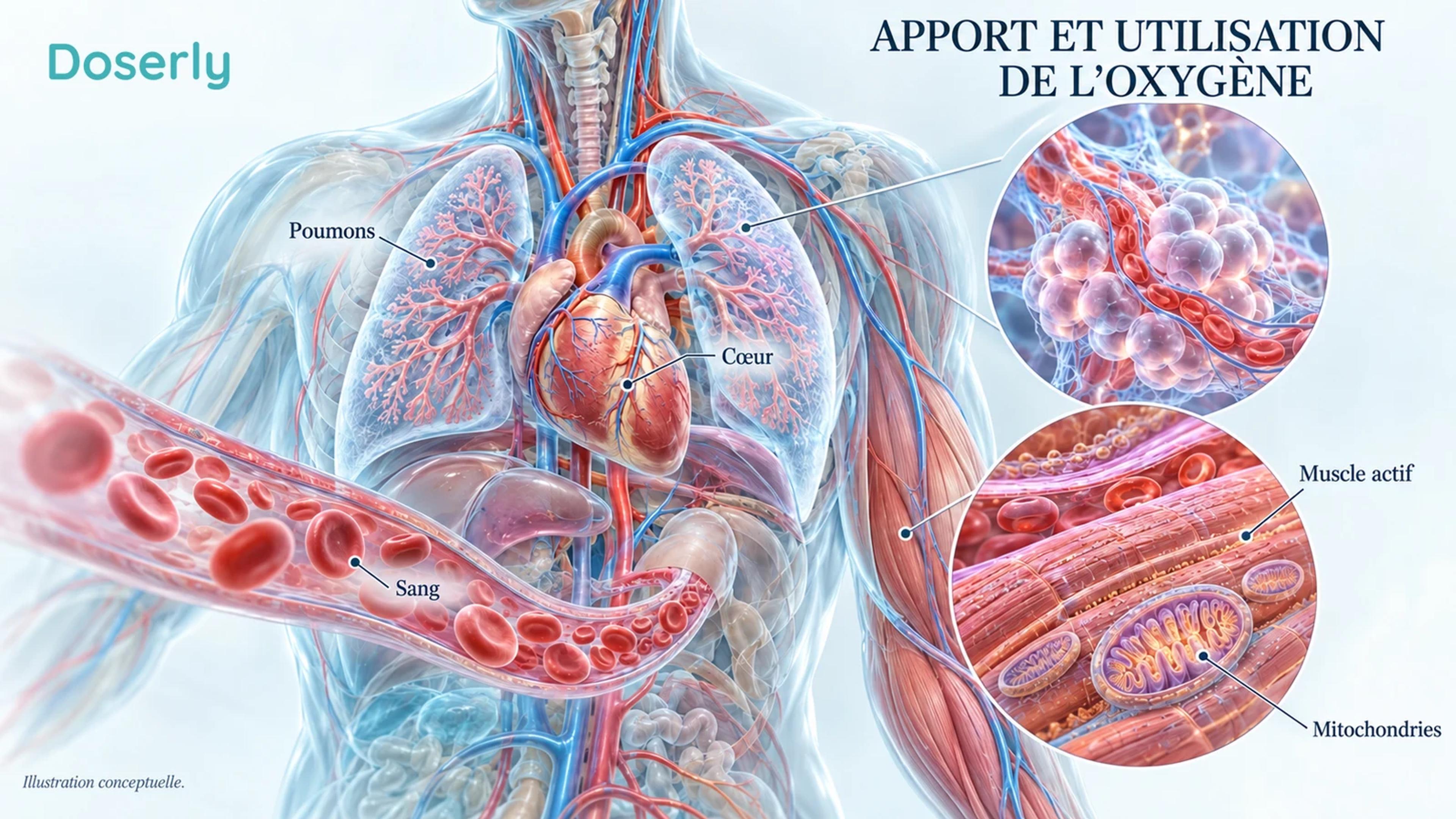 Représentation conceptuelle du trajet de l’oxygène, des poumons aux muscles squelettiques actifs en passant par le cœur et le sang.