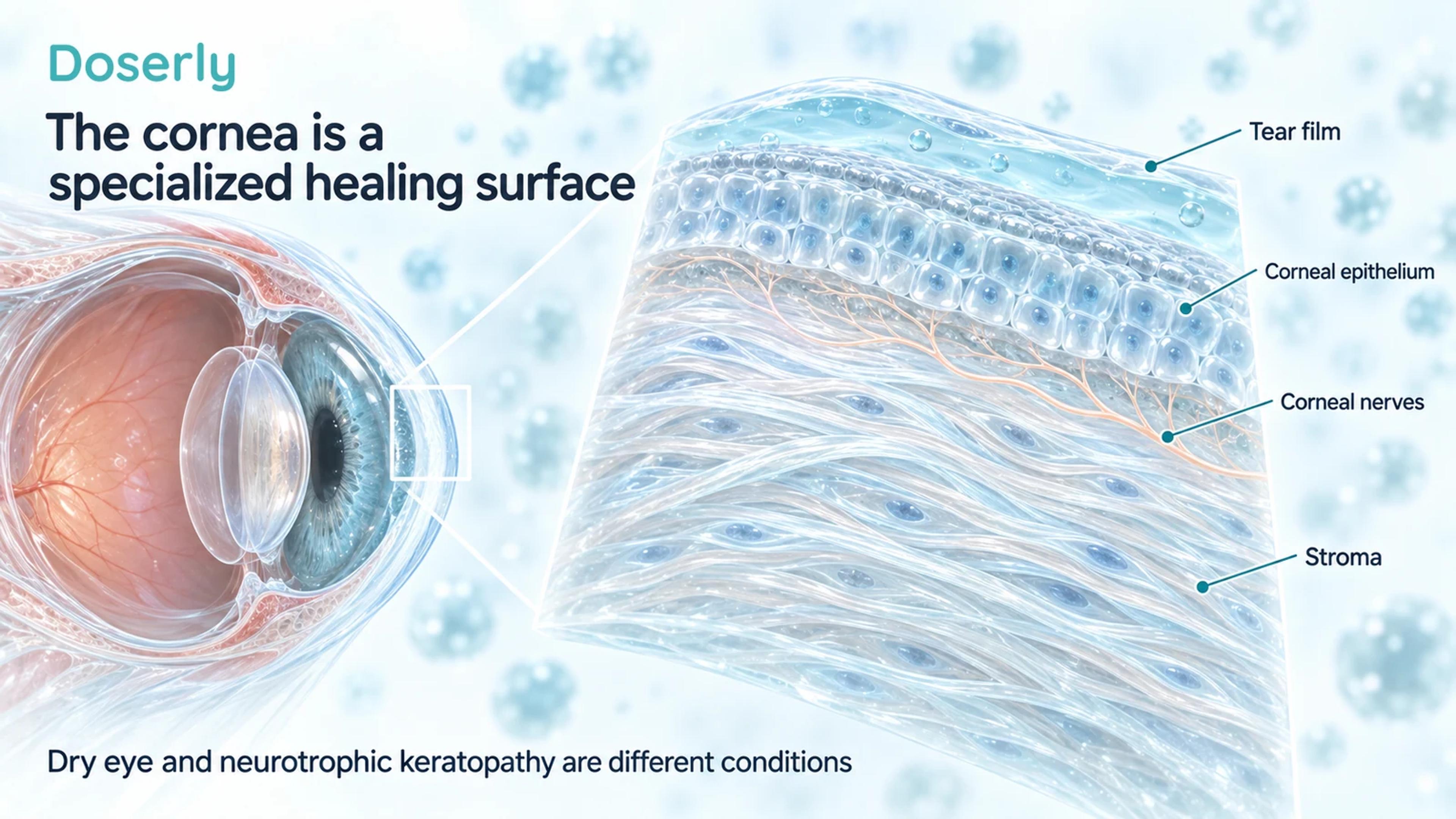 Eye cross-section with enlarged corneal layers, tear film and delicate corneal nerves.