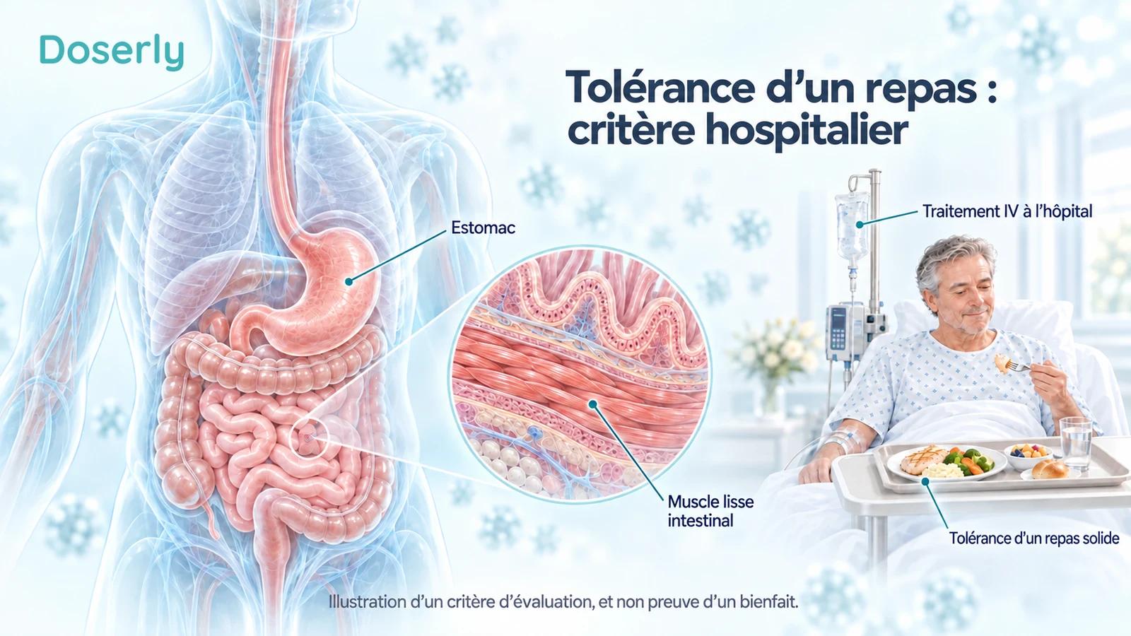 Un tube digestif translucide et un agrandissement du muscle lisse intestinal accompagnent une petite scène hospitalière montrant une voie intraveineuse et un repas solide.