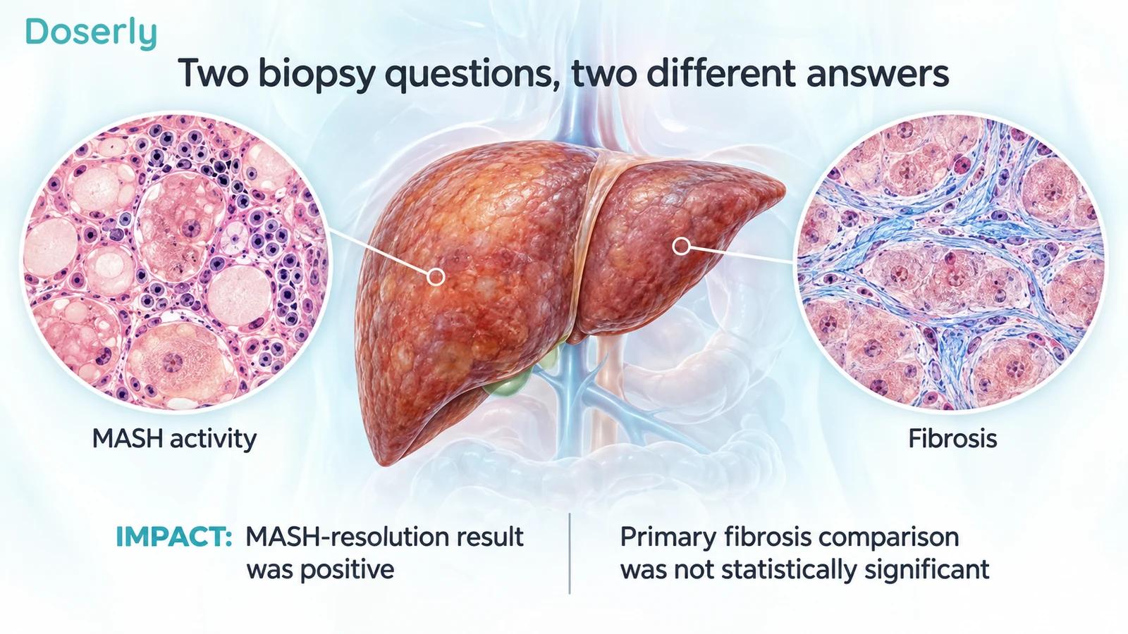 Liver and tissue insets distinguishing MASH activity from fibrosis, with the two IMPACT conclusions stated separately.