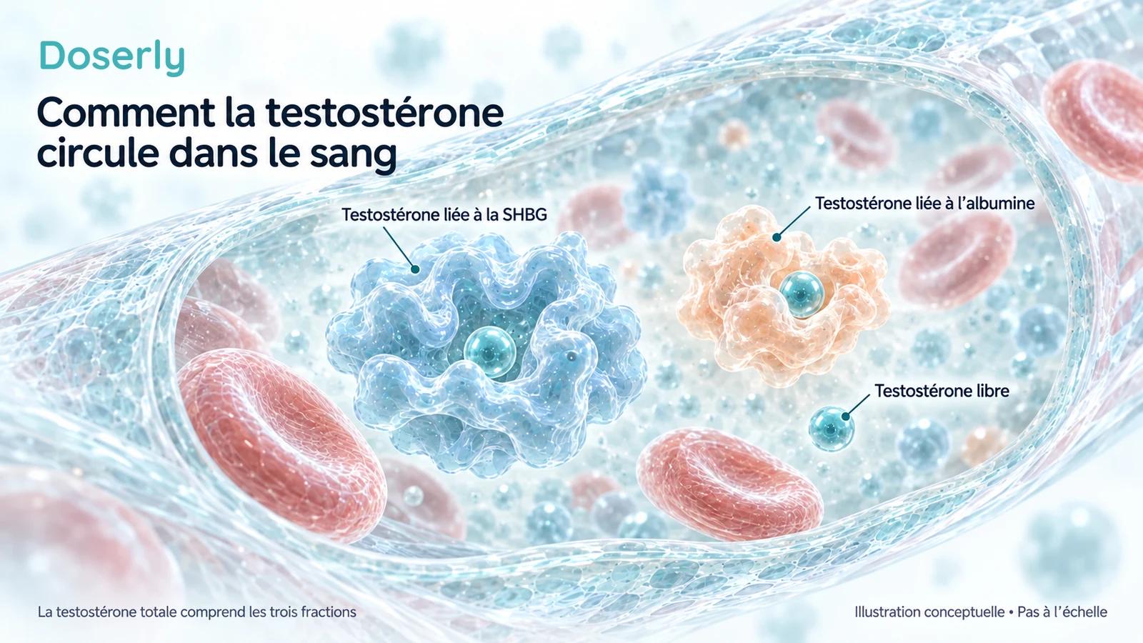 Vaisseau sanguin conceptuel montrant la testostérone liée à la SHBG et à l’albumine, ainsi que la testostérone non liée.