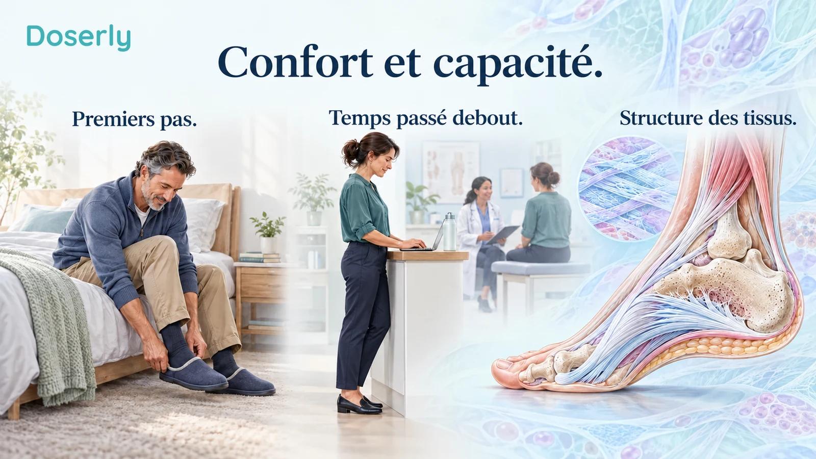 Un adulte enfile des pantoufles à côté d’une scène de travail debout, d’une petite consultation clinique et d’une vue anatomique détaillée de la face plantaire du talon.