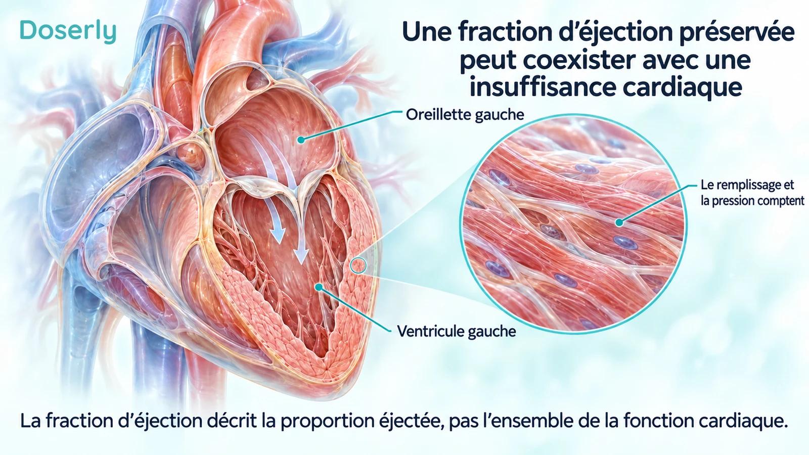Coupe du cœur montrant l’oreillette gauche, le ventricule gauche et une représentation conceptuelle du flux de remplissage.