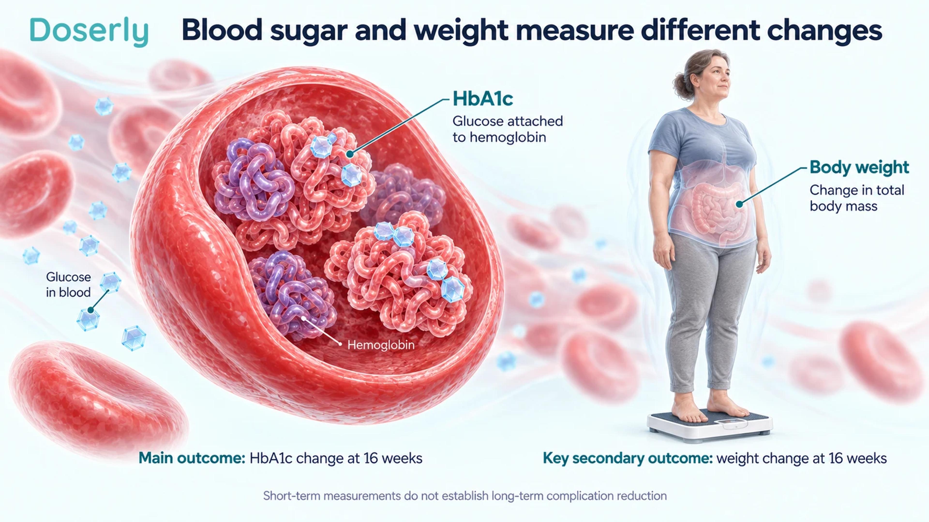 A cutaway red blood cell with conceptual hemoglobin and glucose beside a person on a clinic scale, distinguishing HbA1c from body-weight measurement.