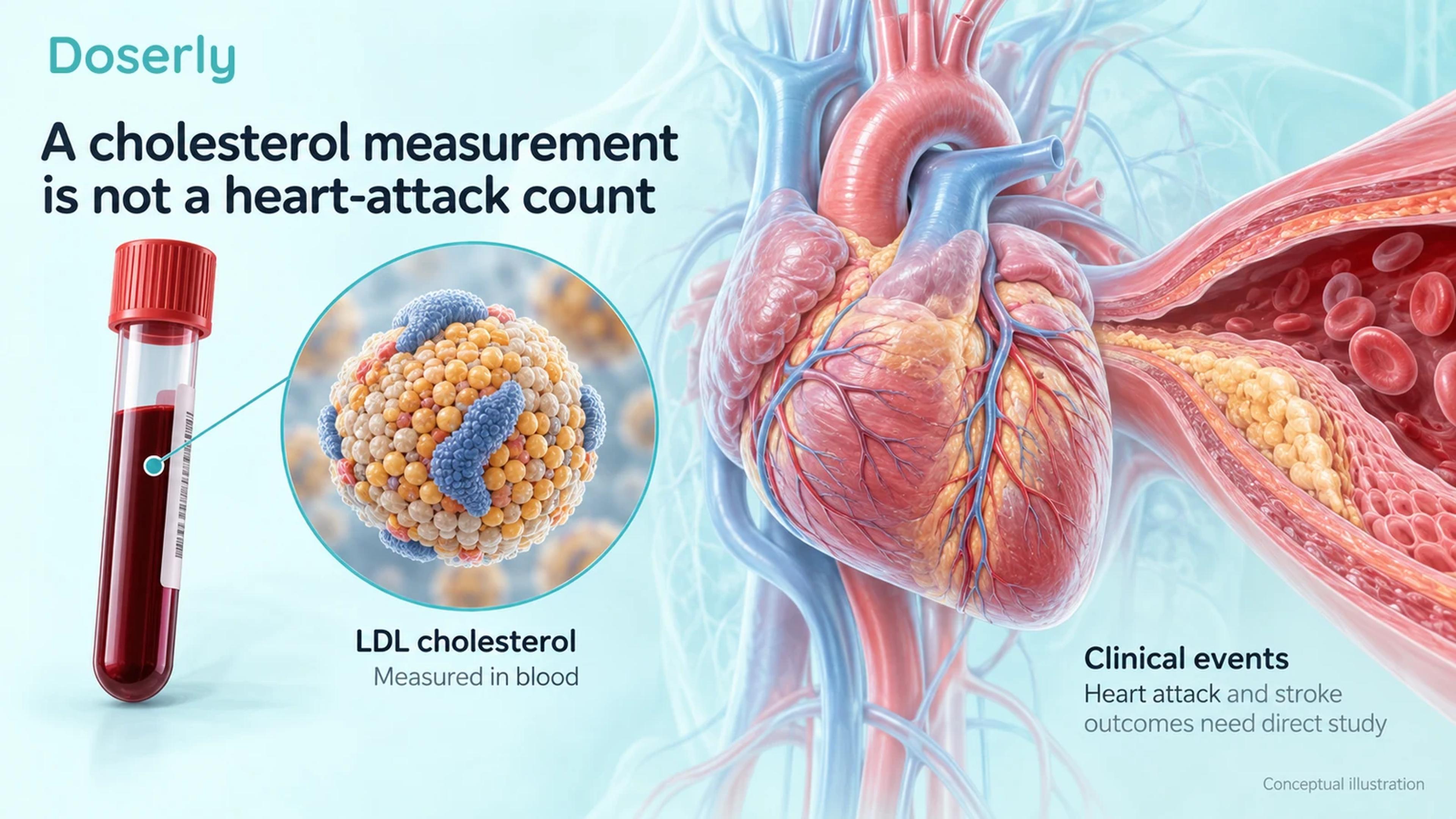A blood tube and conceptual LDL particle beside a heart and artery, distinguishing blood measurements from clinical events.