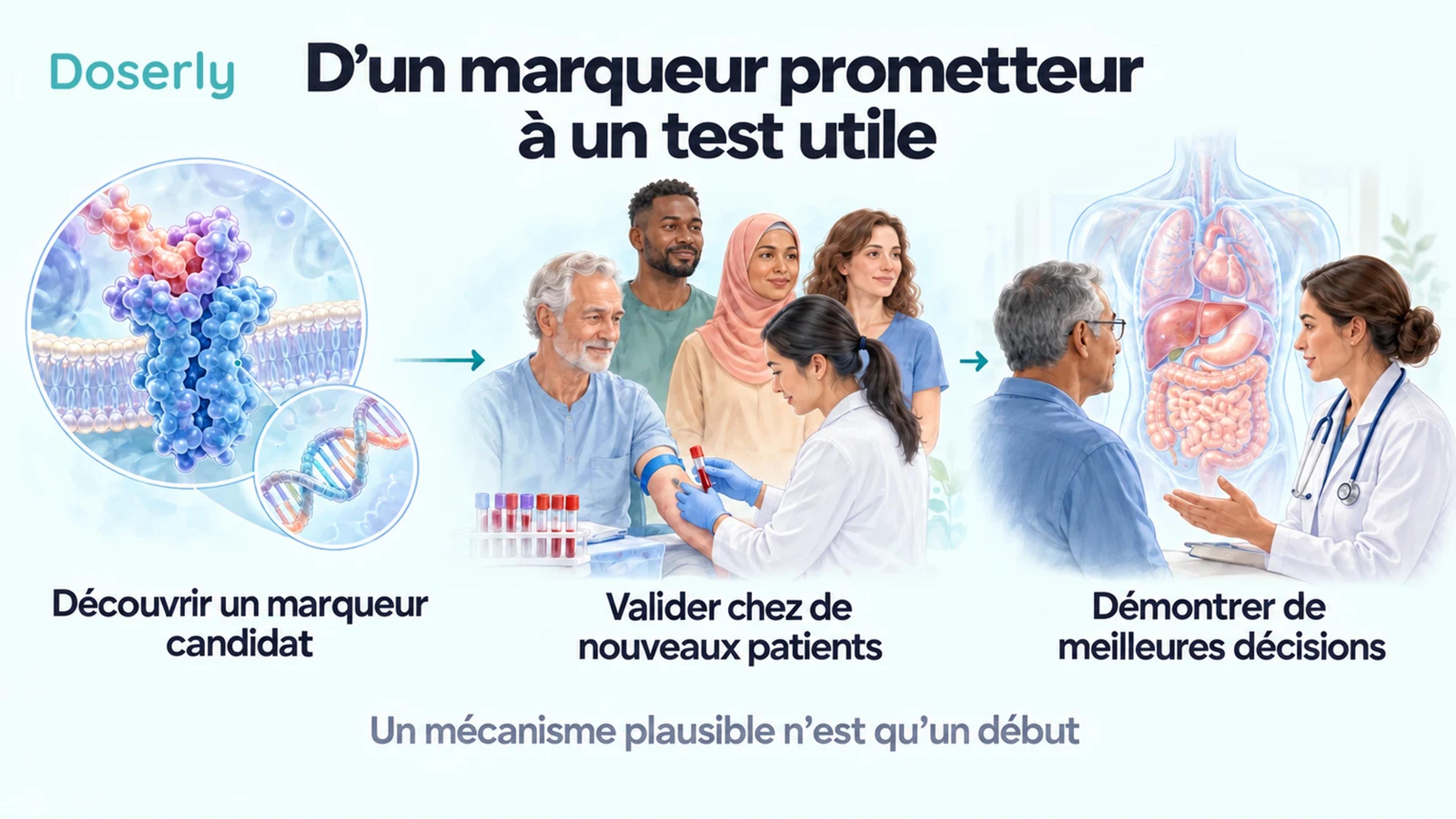 Des illustrations de la découverte, de la validation et d’une discussion clinique montrent les étapes menant d’un marqueur candidat à un test utile