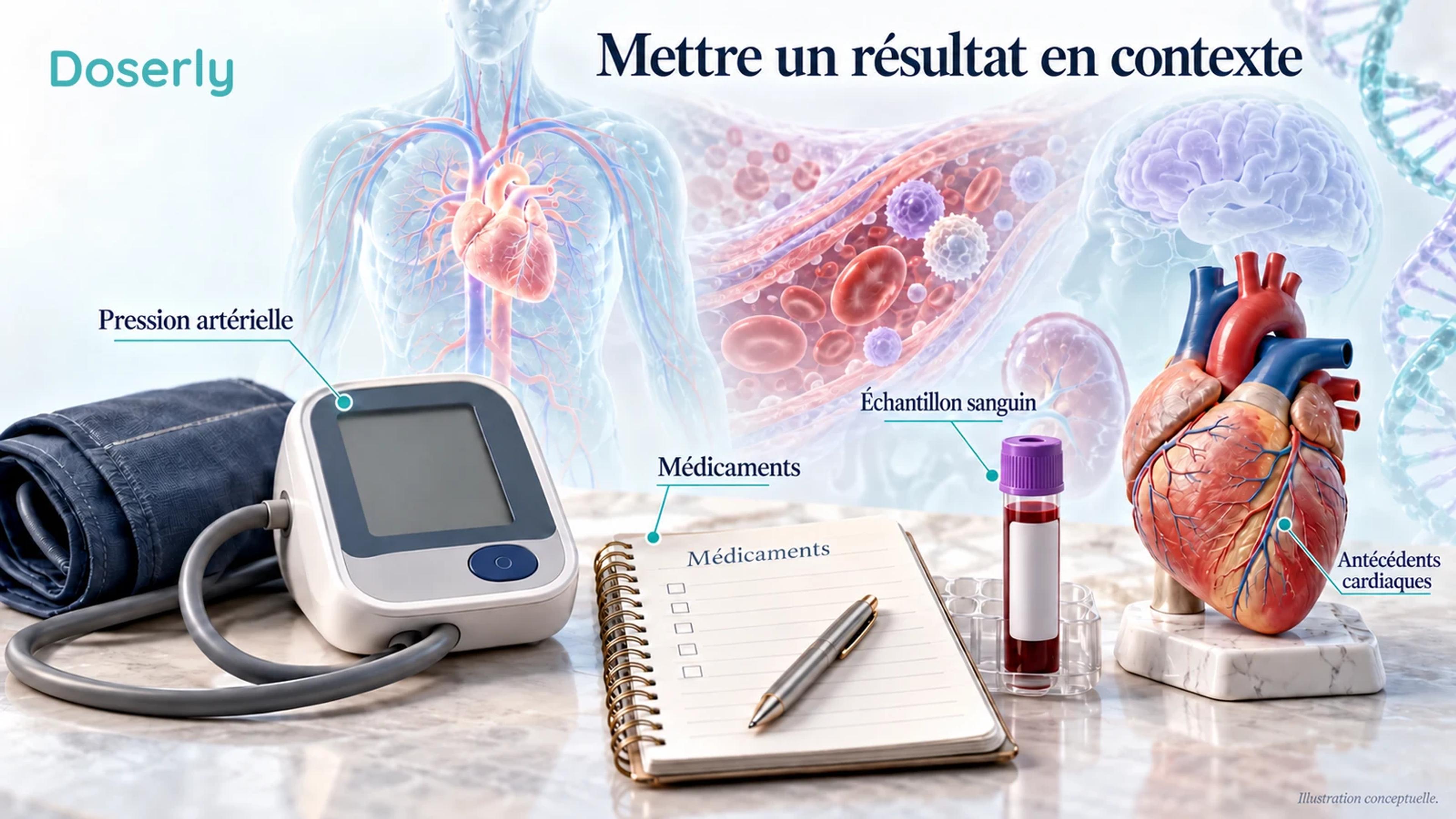 Un appareil de mesure de la pression artérielle, une liste de médicaments et un échantillon sanguin illustrent le contexte clinique d’un résultat lié à l’inflammation.