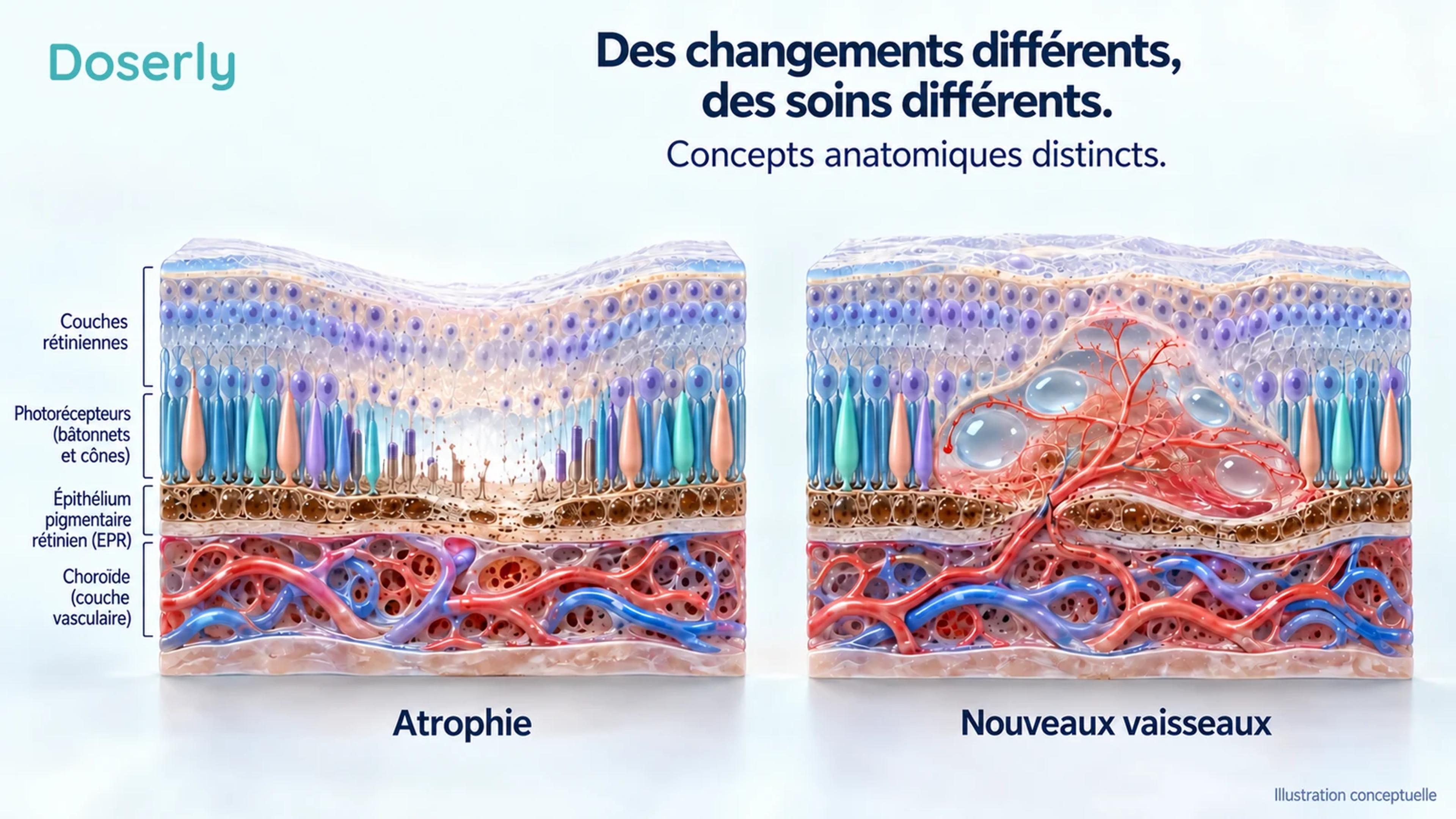 Deux modèles conceptuels distincts de tissu rétinien distinguent une zone d’atrophie de nouveaux vaisseaux sanguins anormaux.