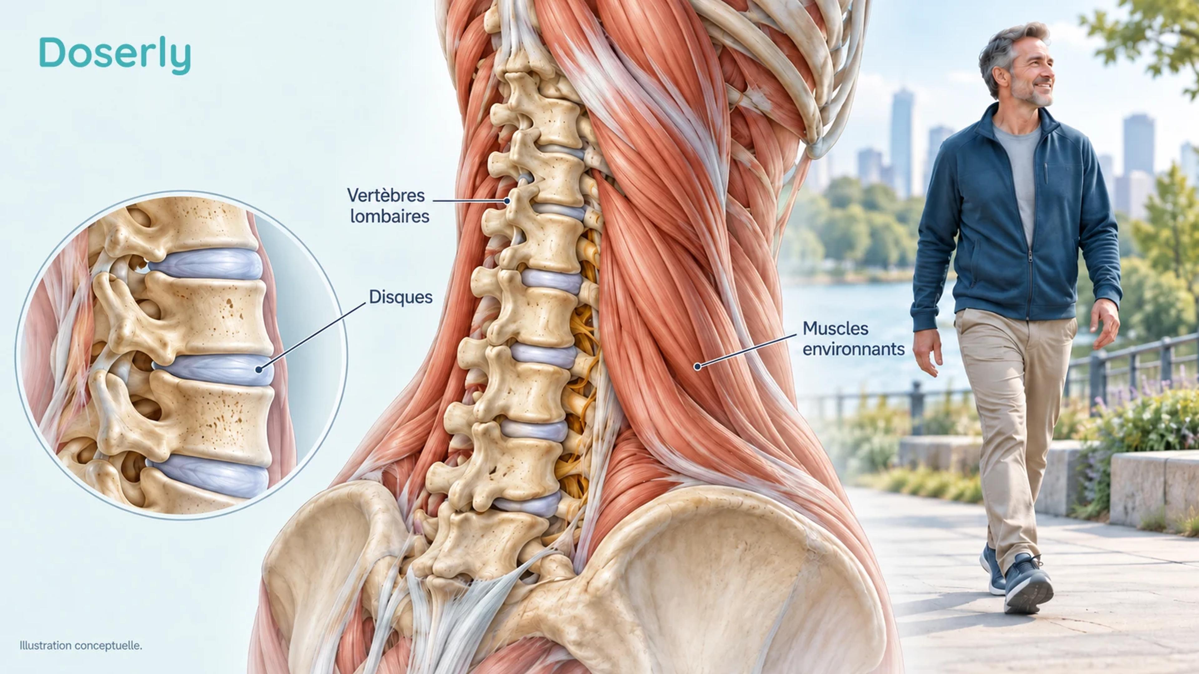 Illustration conceptuelle de l’anatomie du bas du dos montrant les vertèbres lombaires, les disques et les muscles environnants à côté d’une personne entièrement vêtue qui marche.