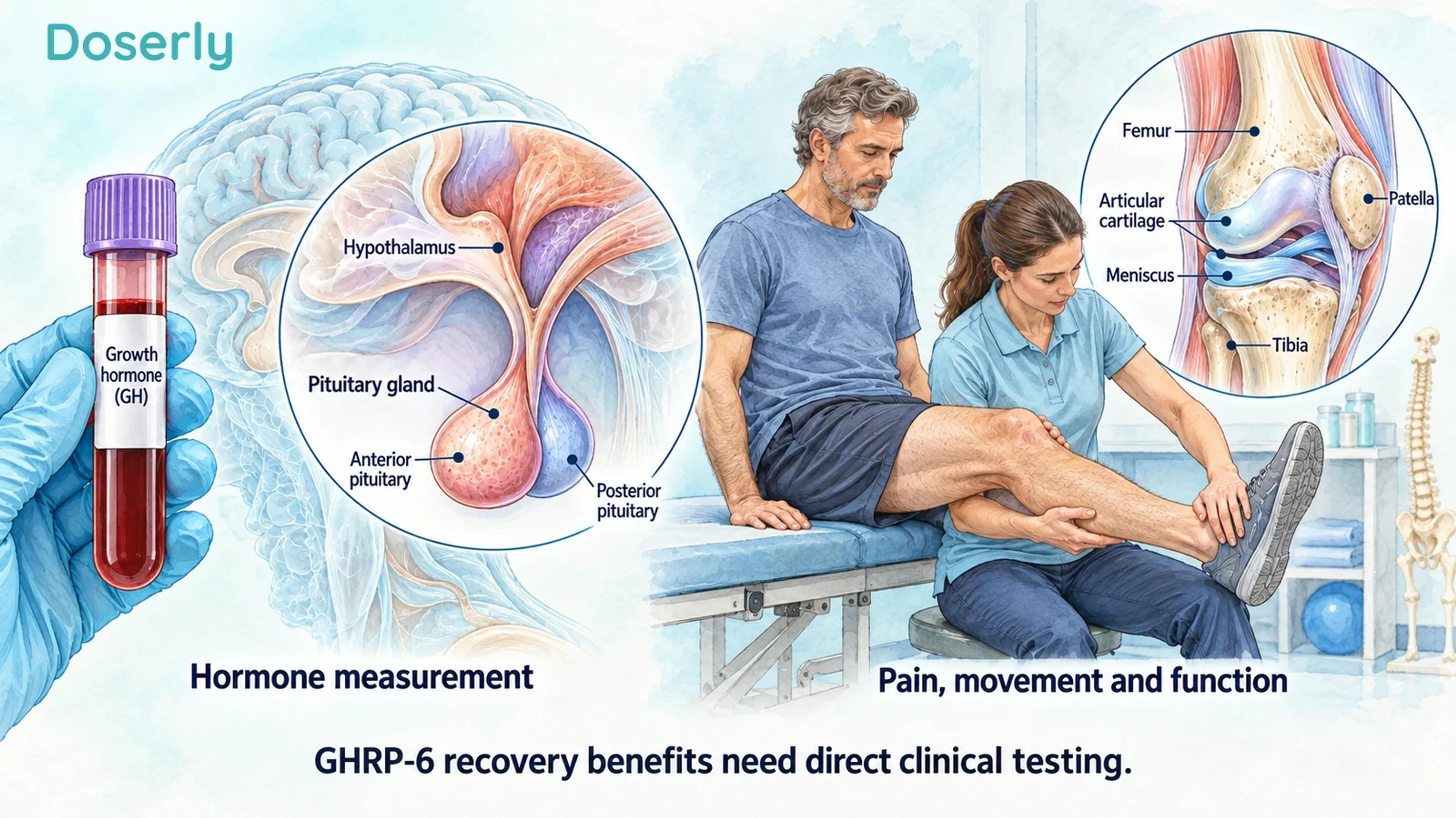 Hormone measurement beside a physiotherapist assessing knee movement and conceptual knee anatomy.
