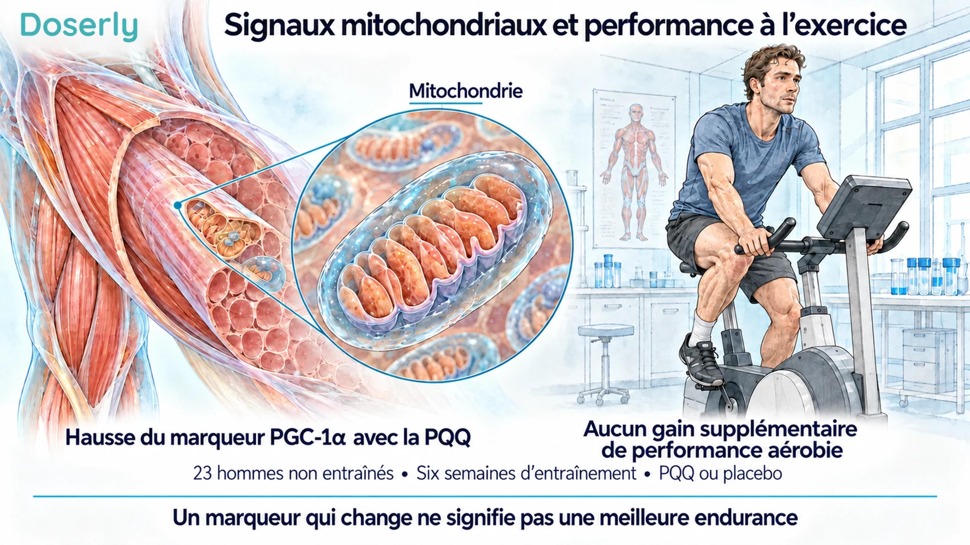 Du tissu musculaire et un vélo d’exercice illustrent la différence entre un marqueur de régulation mitochondriale et la performance aérobie mesurée.
