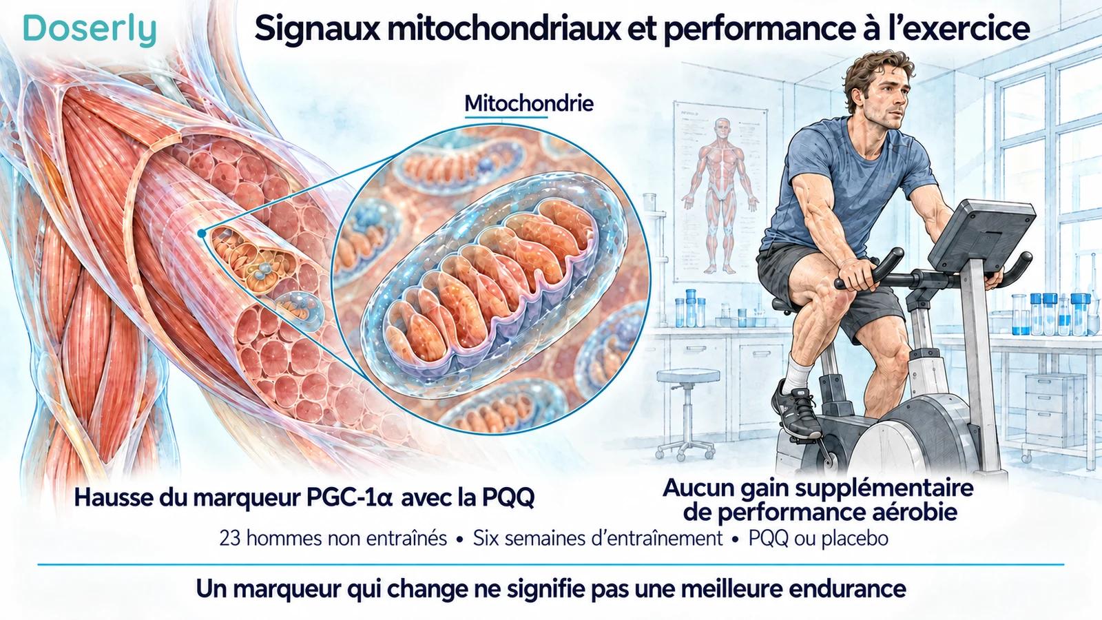 Du tissu musculaire et un vélo d’exercice illustrent la différence entre un marqueur de régulation mitochondriale et la performance aérobie mesurée.