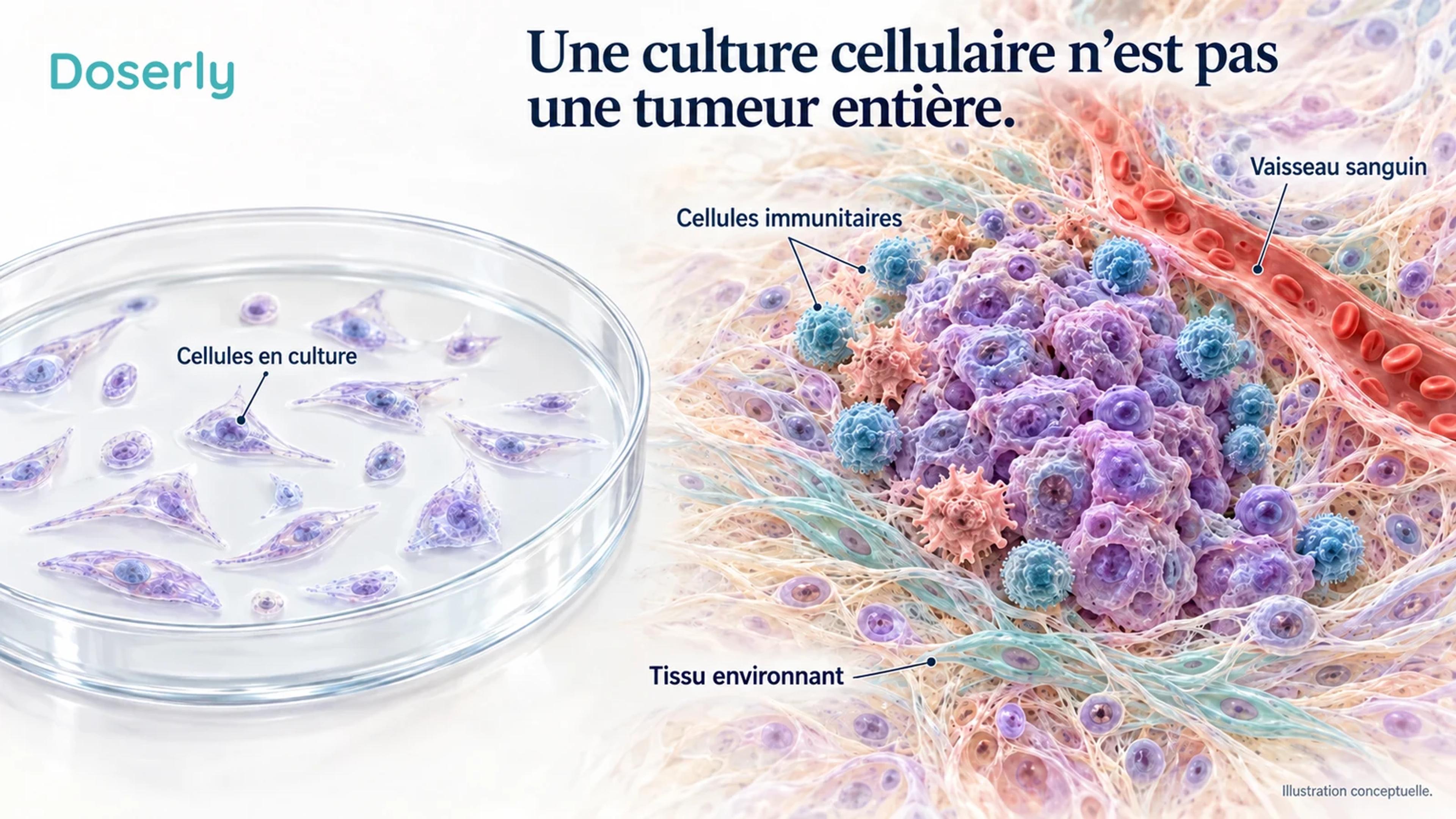 Des cellules isolées dans une boîte de culture sont comparées à une représentation conceptuelle d’une tumeur entourée de cellules immunitaires, d’un vaisseau sanguin et de tissu de soutien.
