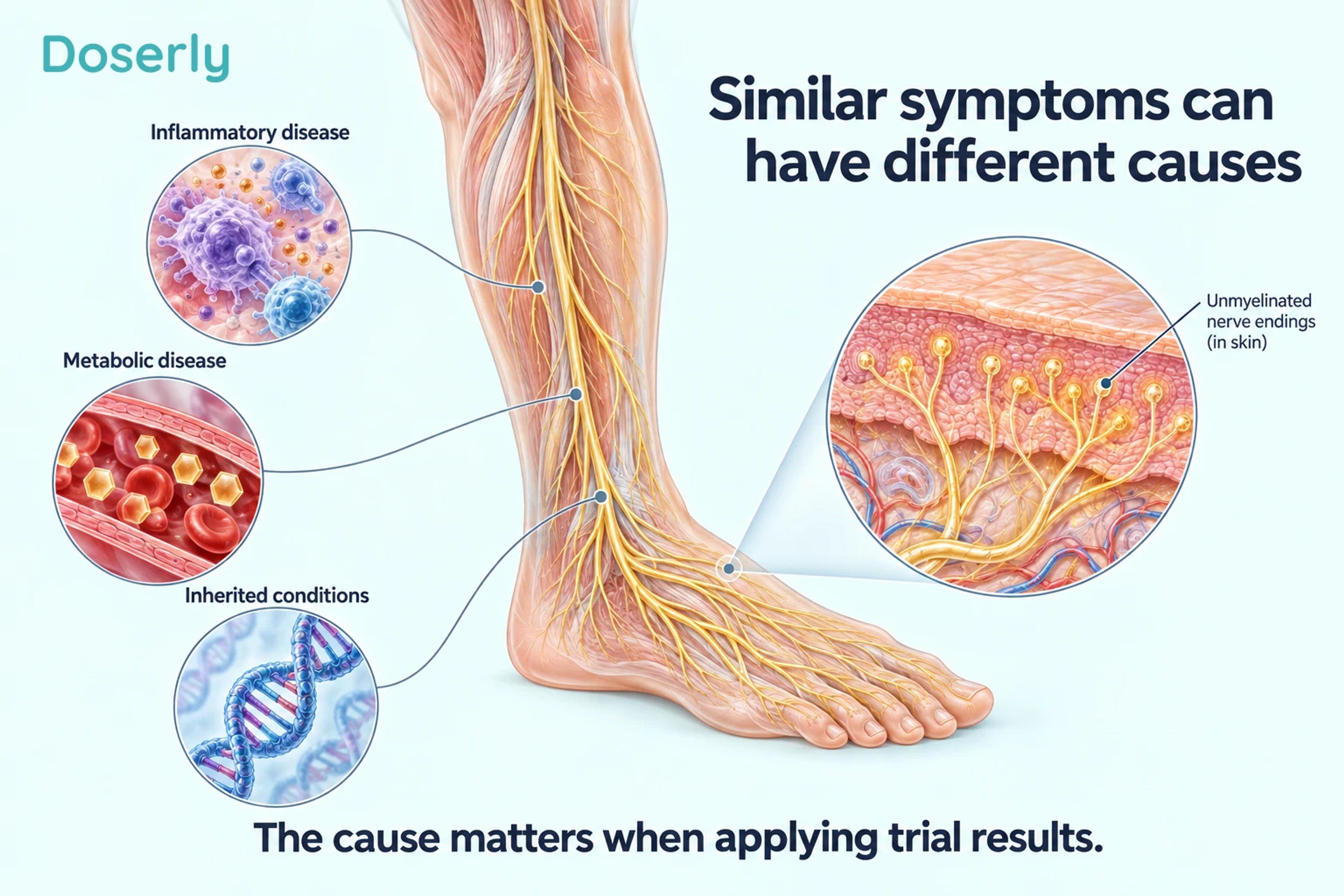 A detailed lower-leg nerve illustration connects to immune, metabolic and inherited-disease motifs and a magnified skin inset.