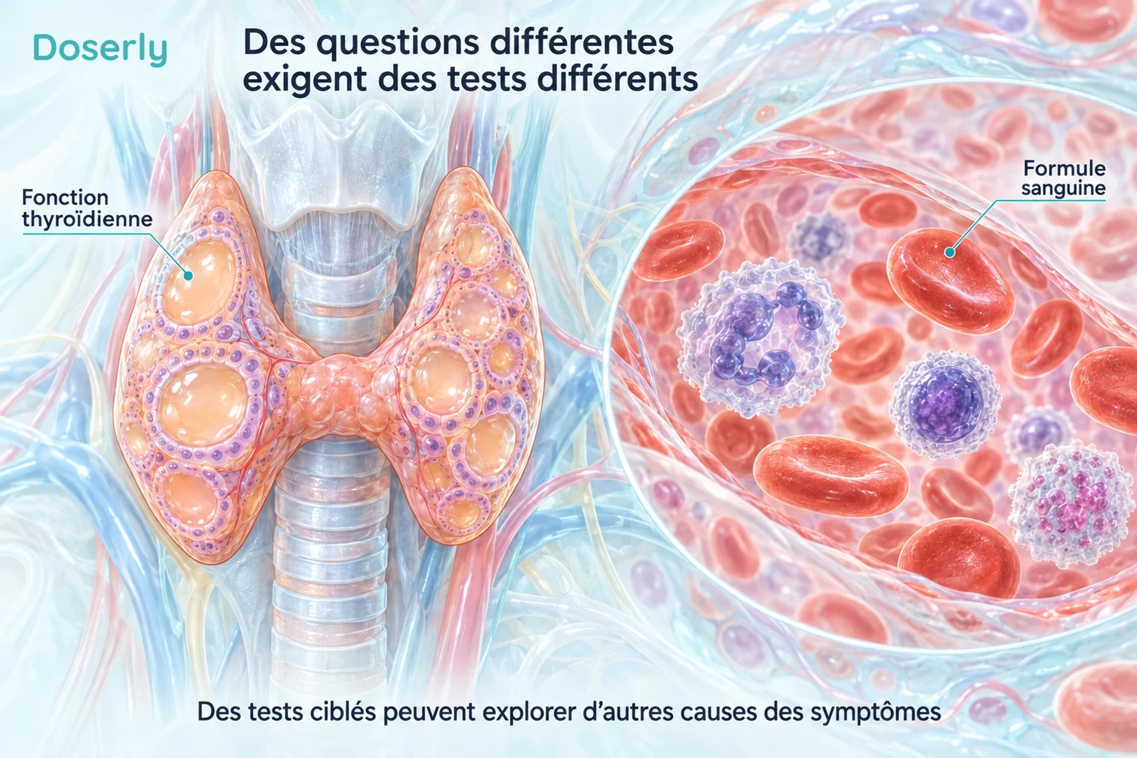 Des follicules thyroïdiens et des cellules sanguines illustrent les tests ciblés pour d’autres causes possibles des symptômes.