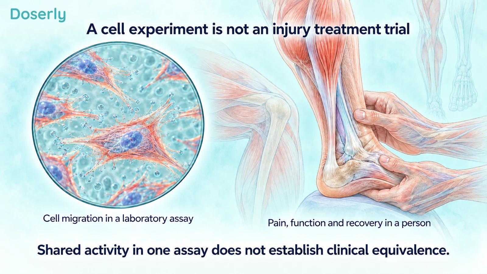 Cultured cells with actin structures are contrasted with a clinical ankle examination.