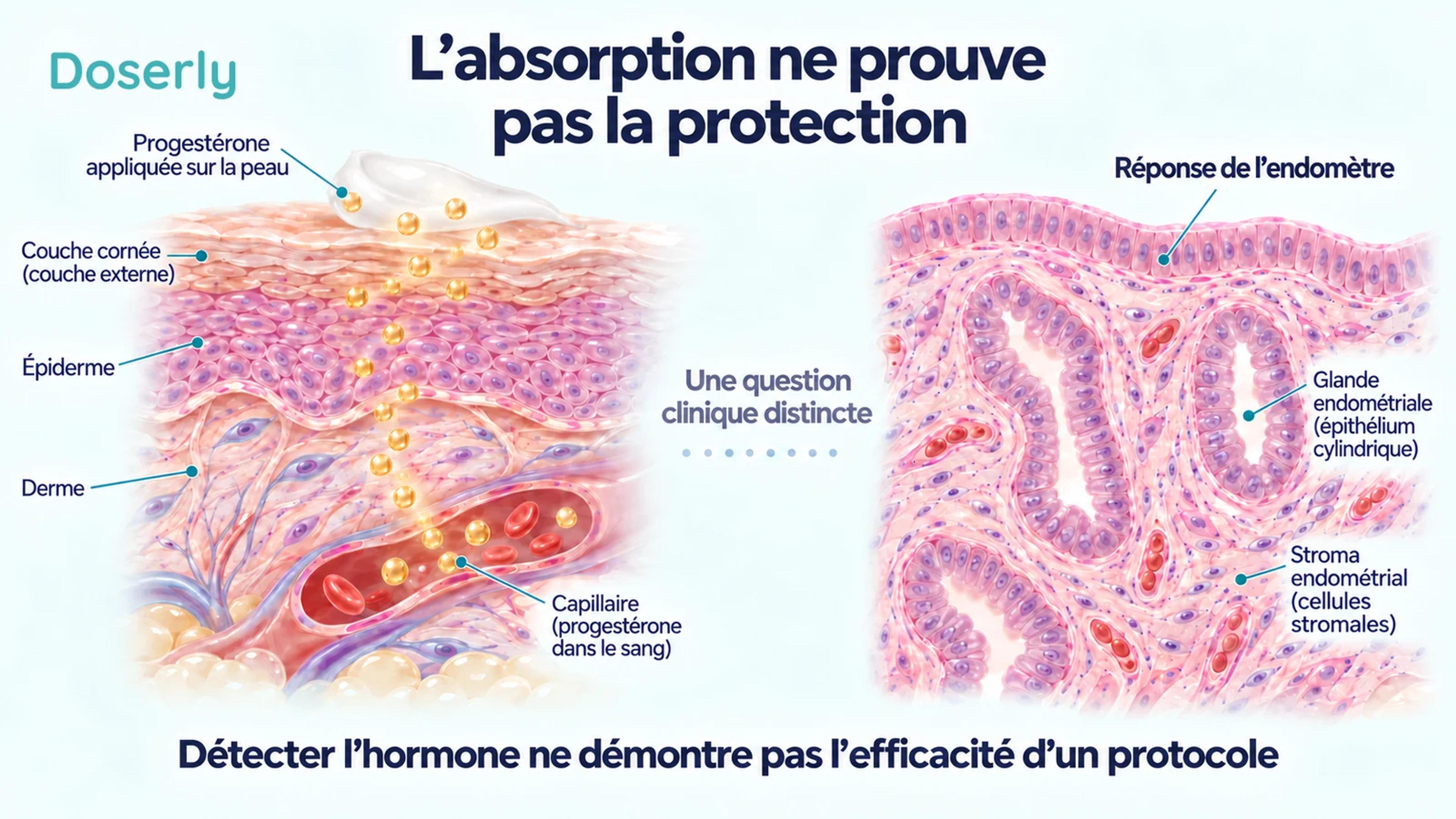 L’absorption cutanée et le tissu glandulaire de l’endomètre sont présentés comme des étapes distinctes nécessitant des données différentes.