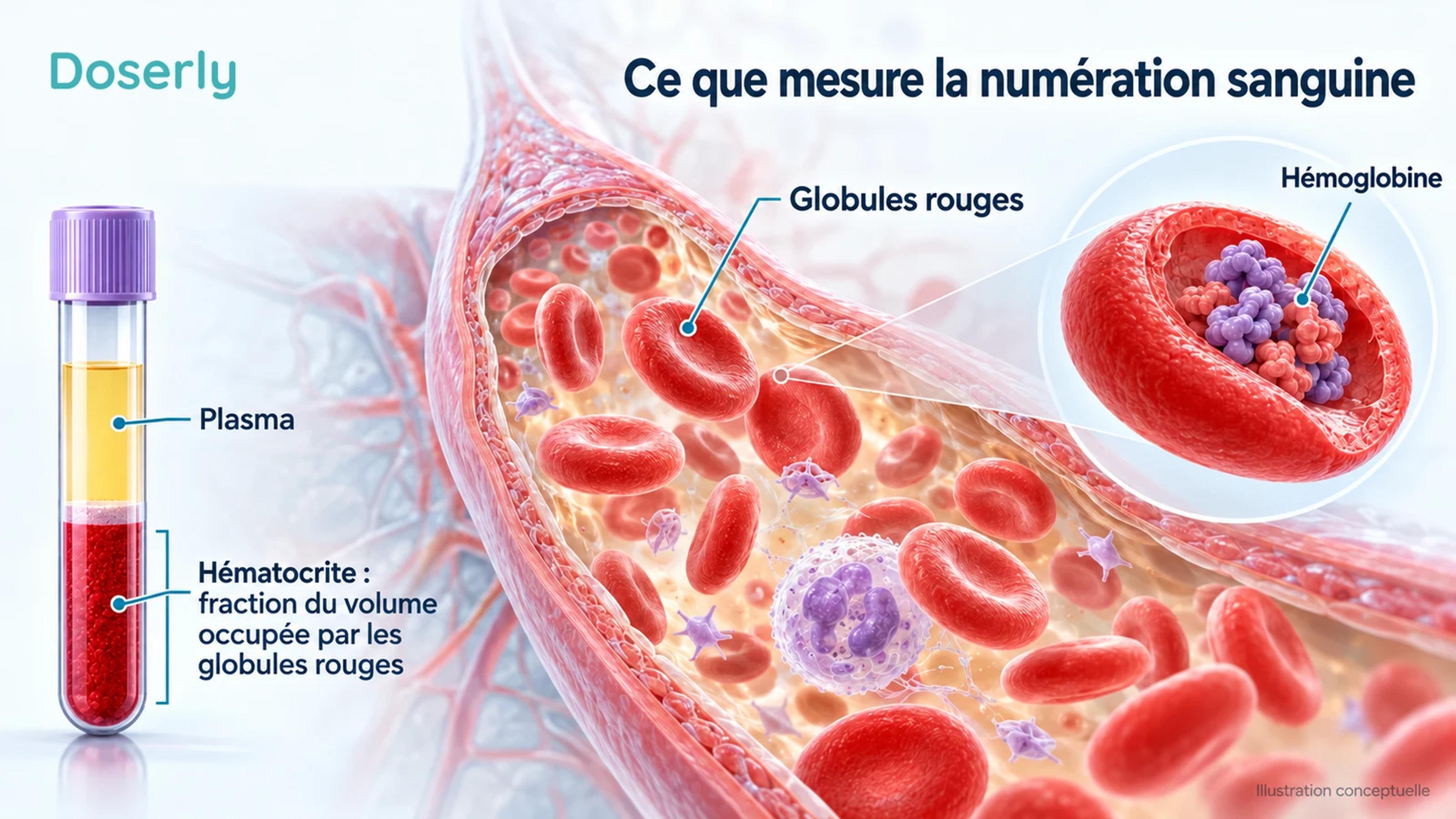 Des cellules sanguines et du plasma dans un vaisseau, un échantillon séparé et un globule rouge agrandi distinguent l’hématocrite de l’hémoglobine.