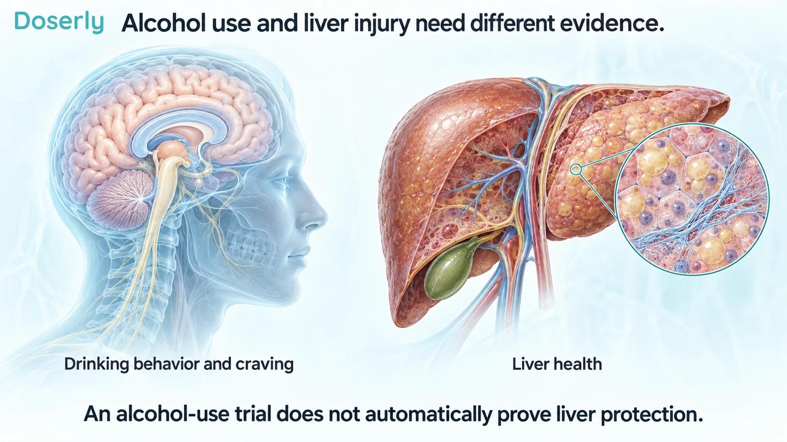 Detailed brain and liver illustration separating drinking behavior from liver-health outcomes.