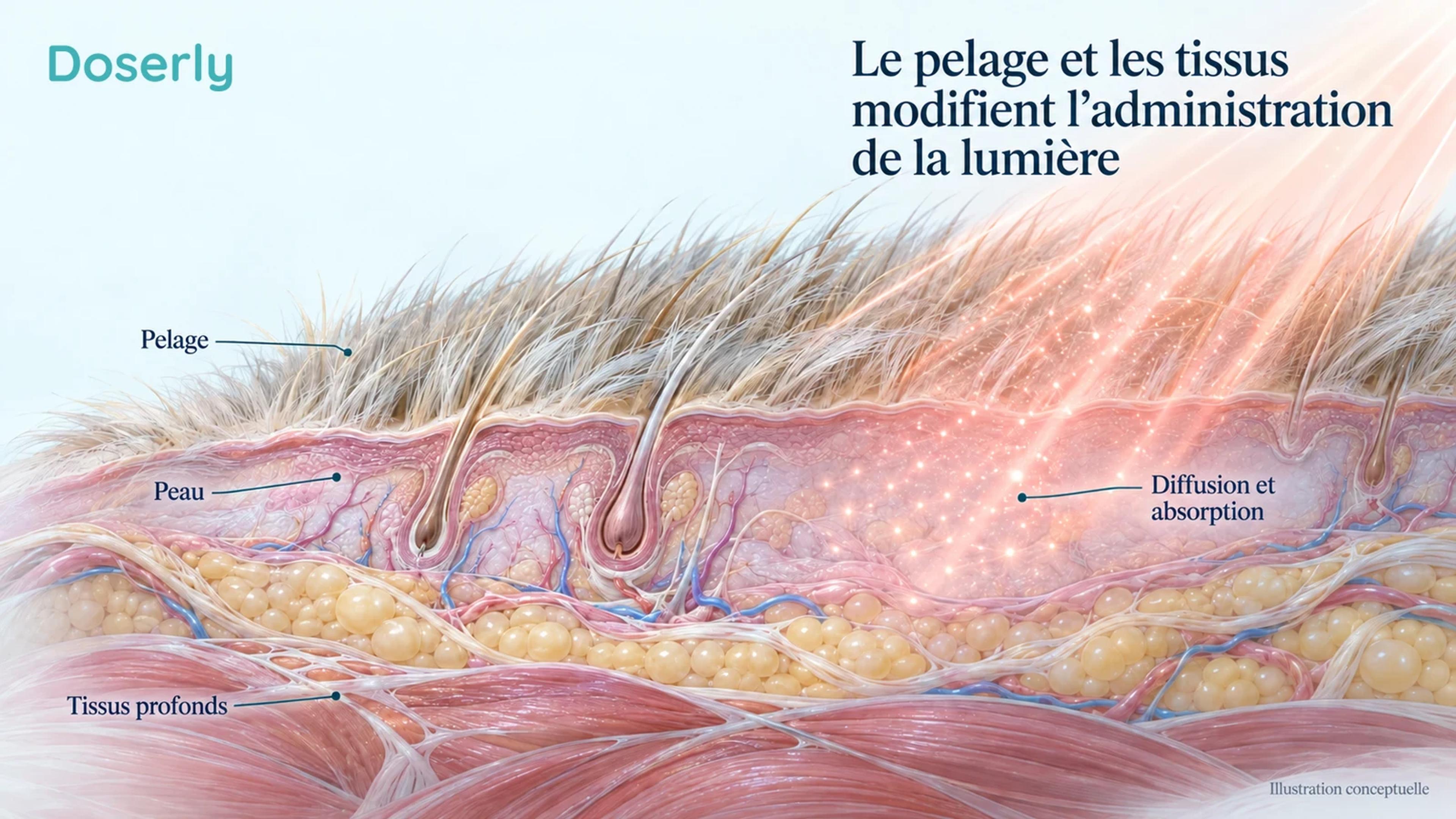 Une coupe conceptuelle du pelage et de la peau d’un chien montre la diffusion et l’absorption de la lumière avant qu’elle atteigne les tissus plus profonds.